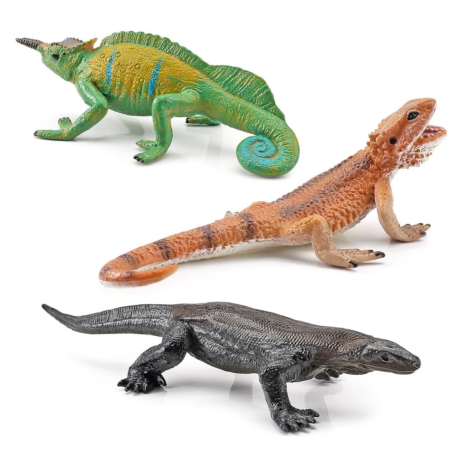 3PCS Plastic Lizard Figure Bearded Dragon Toy Forest Chameleon Woodland Animal Figurines Toys Set Plastic Animals Figure Gift for Kids Birthday 3 4 5 6 Year Old