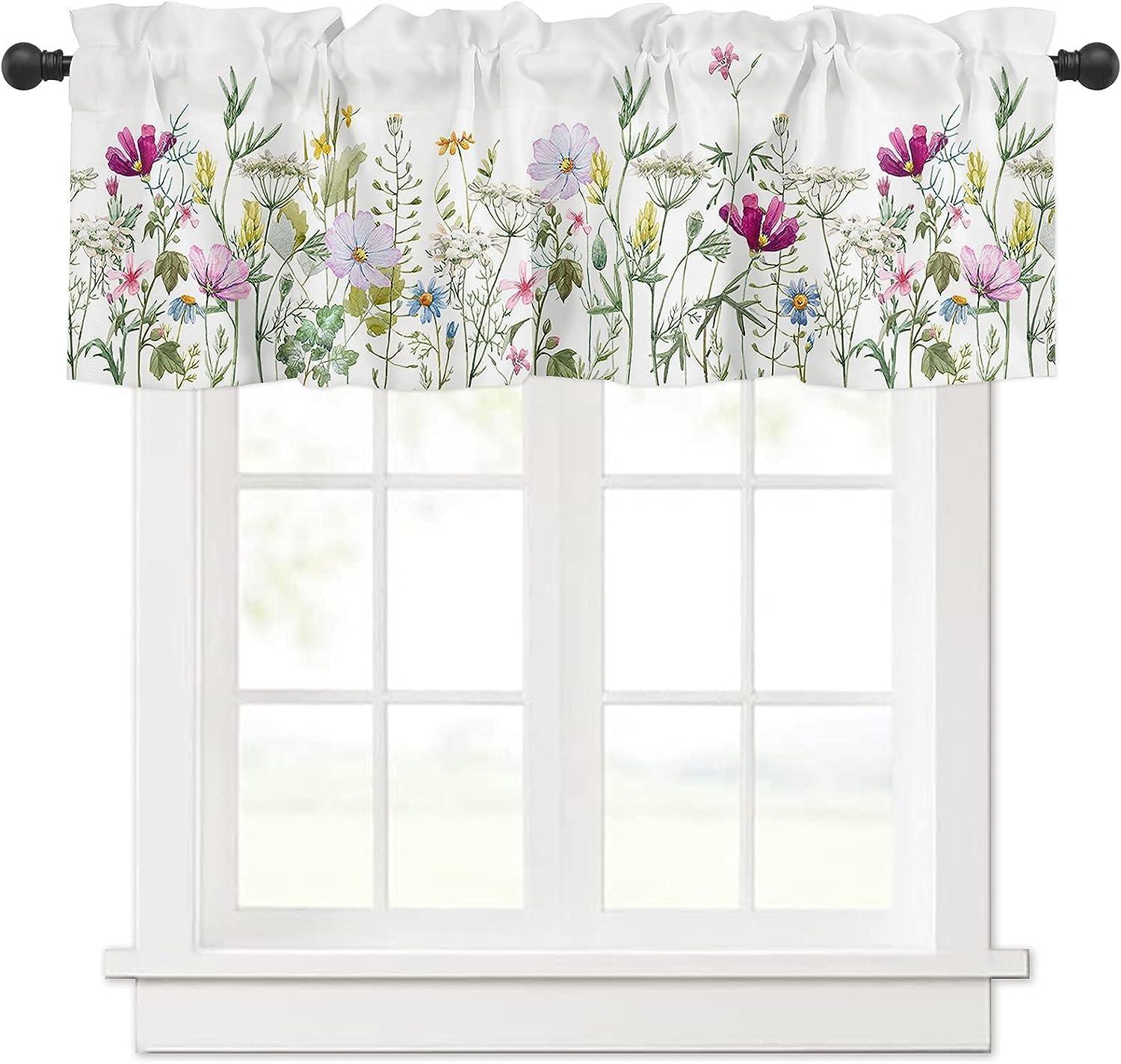 Spring Watercolor Floral Print Valance with Rod Pocket, 54" x 18"