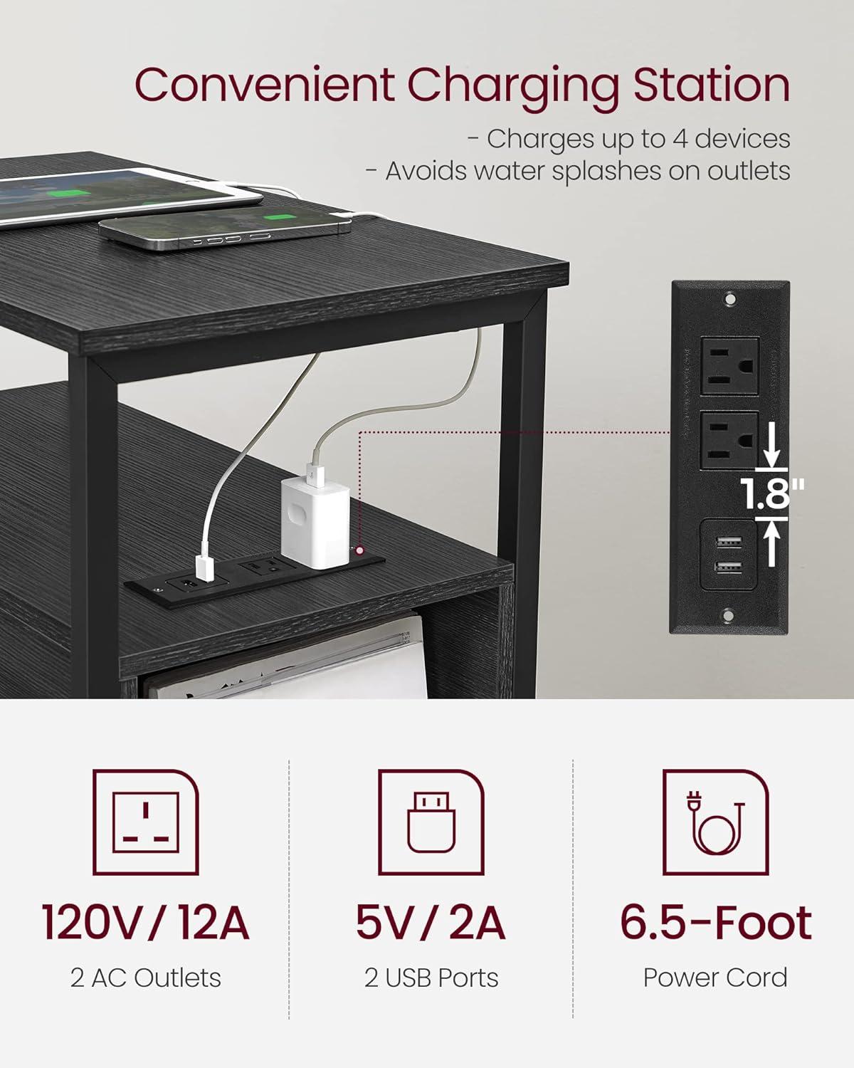 Side Table with Charging Station, Narrow End Table with 2 Drawers, Slim Nightstand and Bedside Table with Storage, for Small Spaces, Black ULET321B22