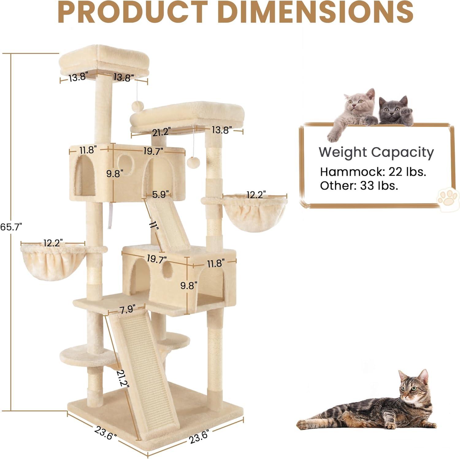 Beige 65in Plush and Sisal Multi-Level Cat Tree Tower