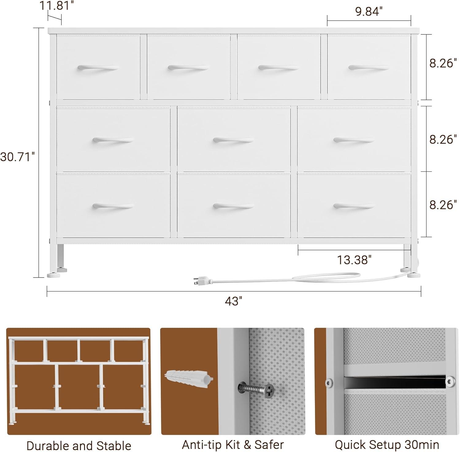 Lulive 10 Drawer White Dresser for Bedroom, Dresser TV Stand with Power Outlet, Entertainment Center Chest of Drawers for 55'' Long TV, Wide Fabric Dresser for Storage and Organization (White)