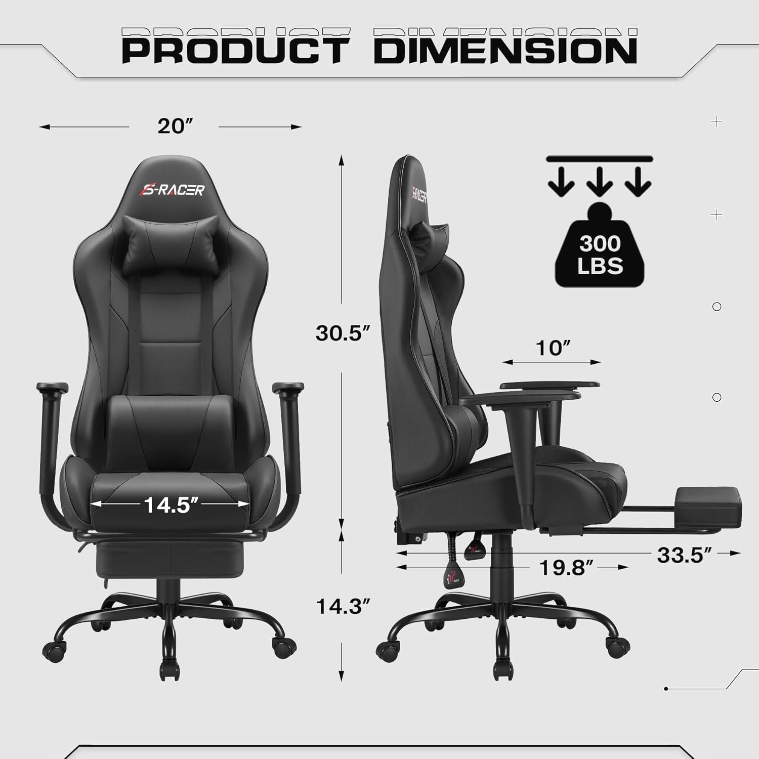 Killeryuki Gaming Chair Massage Computer Office Chair Ergonomic Desk Chair with Footrest Racing Executive Swivel Chair Adjustable Rolling Task Chair (Black)