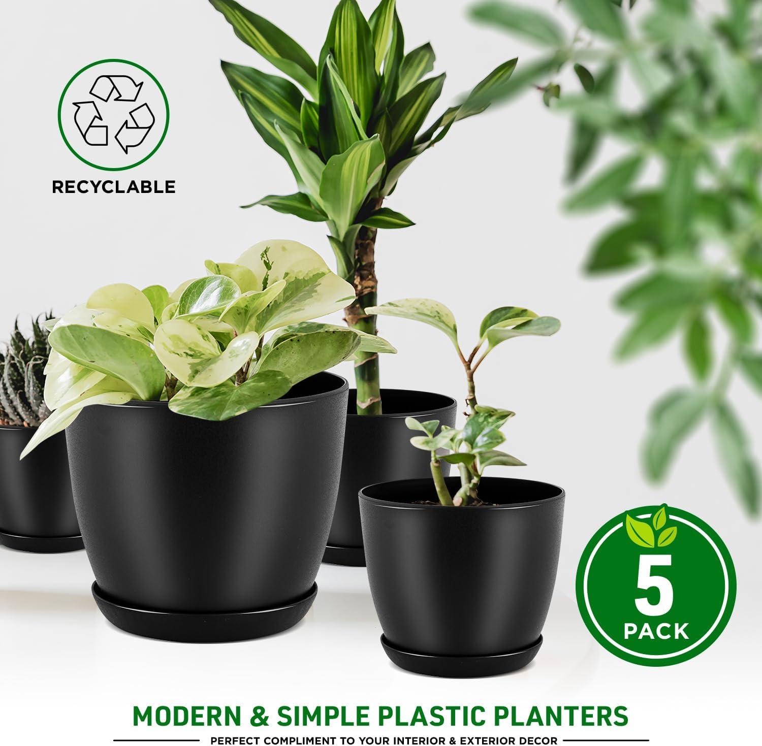 Lifemaster Plant Pots with Drainage - Sturdy Plastic, Stackable Design for Indoor and Outdoor Gardening - Pack of 5