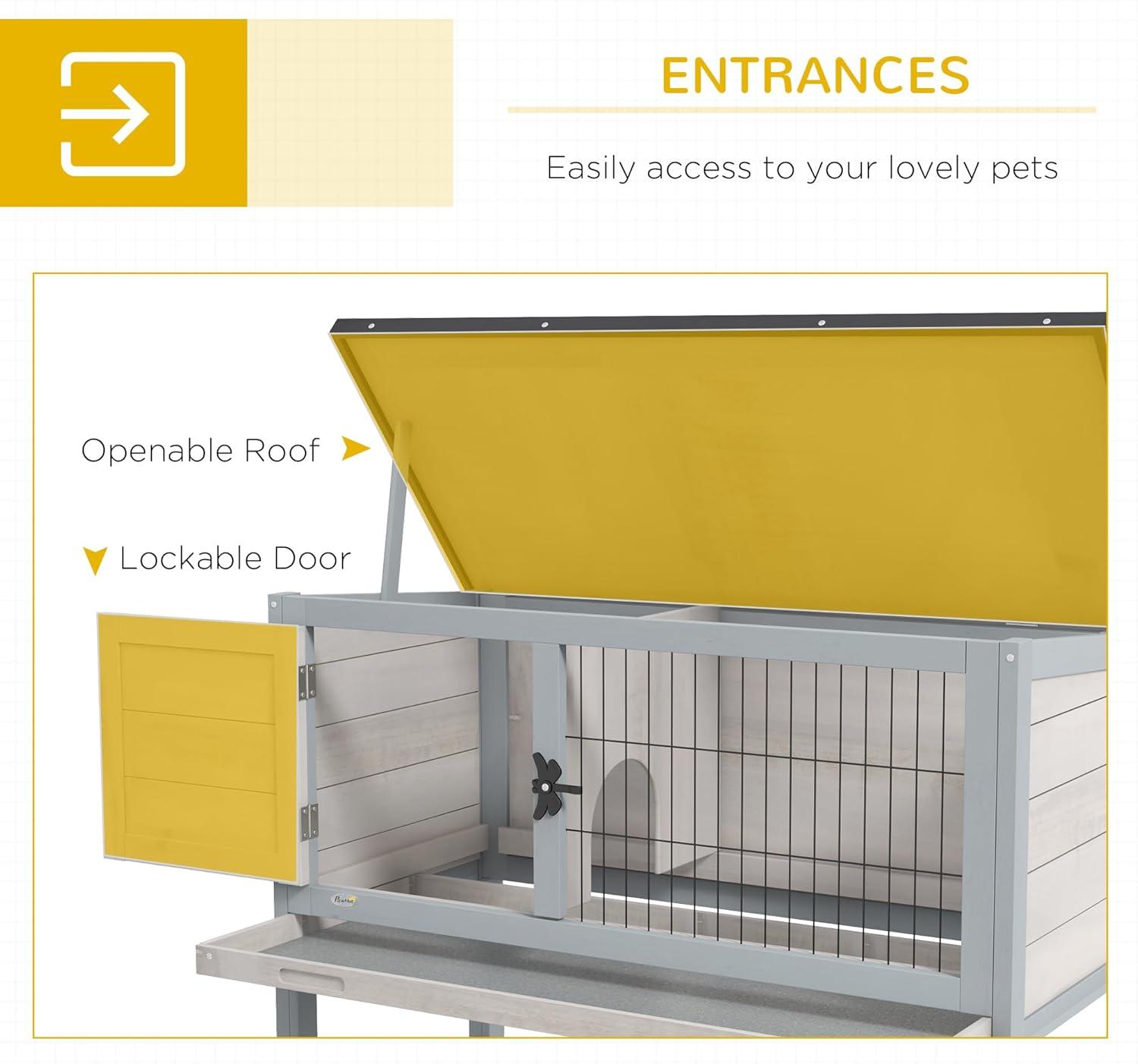 PawHut Elevated Rabbit Hutch Bunny Hutch with Hinged Asphalt Roof, Removable Tray, Fir Wood Bunny Cage for Indoor/Outdoor