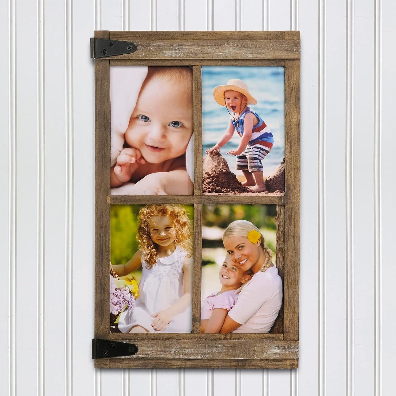 Excello Global Products Rustic Barn Collage Picture Frames, Holds Four 4" X 6" Photos, Has a Weathered Finish, Barn Door Inspired Hinges, Brackets for Wall, Rustic Brown, 9" X 14.5"