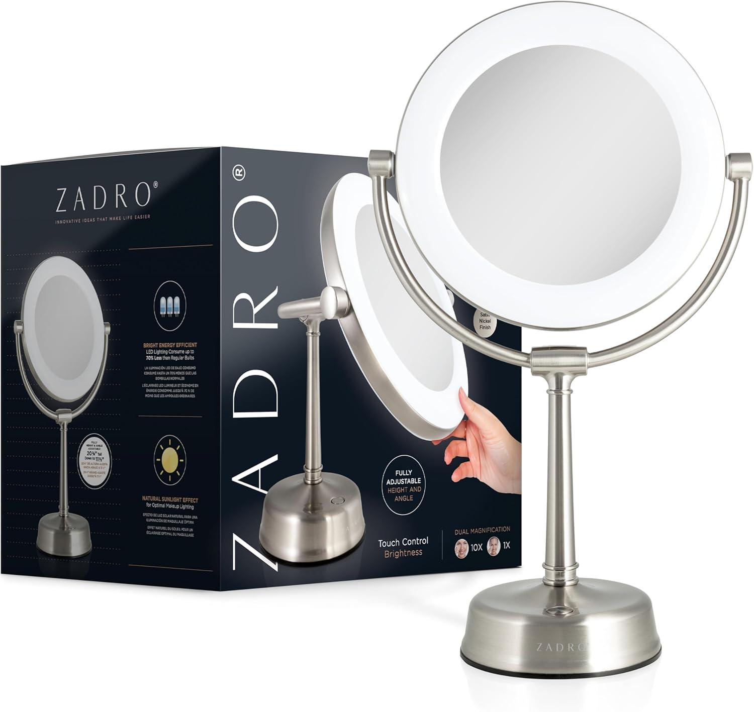 Customizable Sunlight LED Lighted Vanity Mirror - Zadro: 10x Magnifying, Round Shape, Metal & Glass Construction