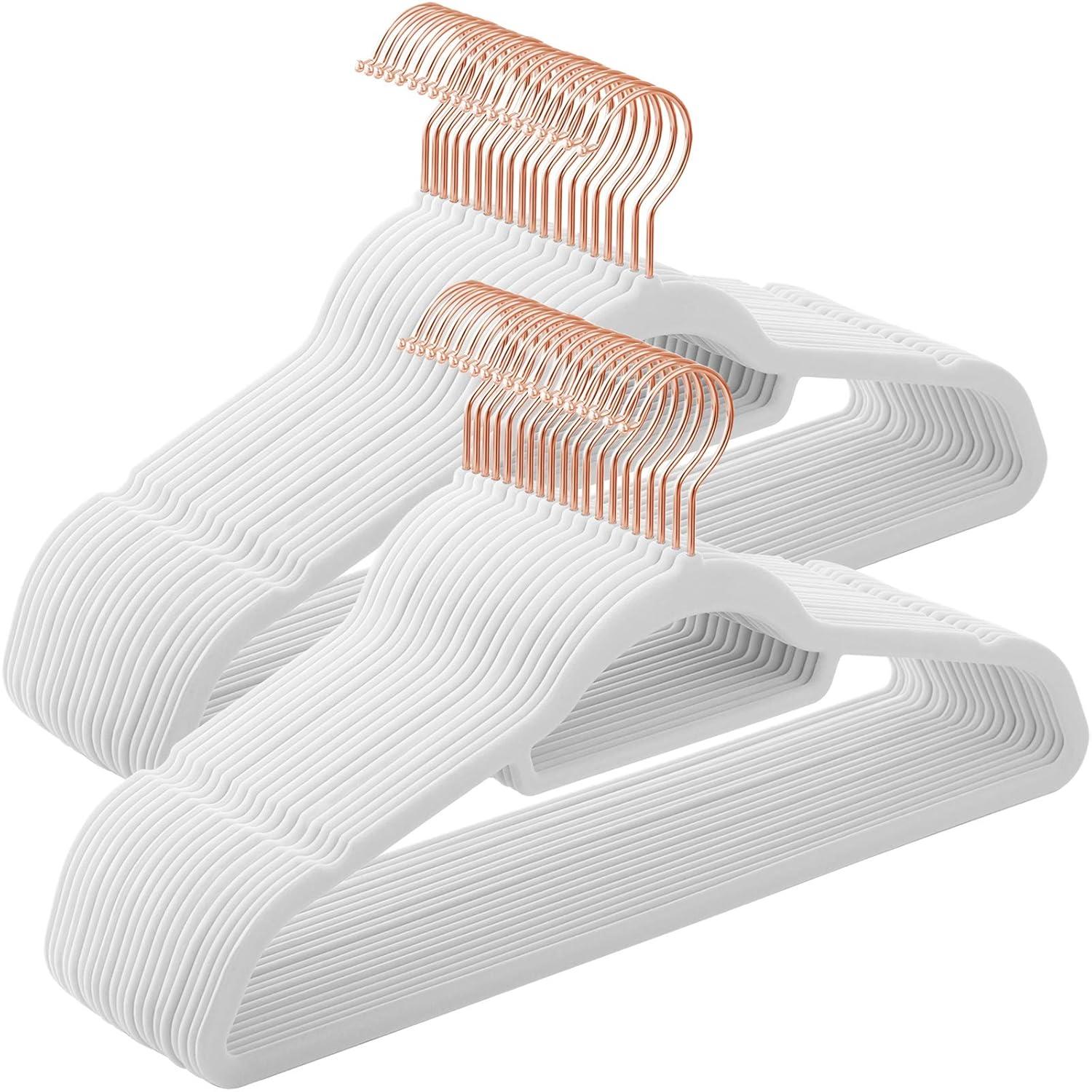 SONGMICS Velvet Hangers, Set of 50 Clothes Hanger with Rose Gold Swivel Hook, Non-Slip, and Space-Saving, 0.2-Inch Thick, 17.1-Inch Long for Coat, Shirt, Dress, Pants, Tie, Cloud White UCRF021W02