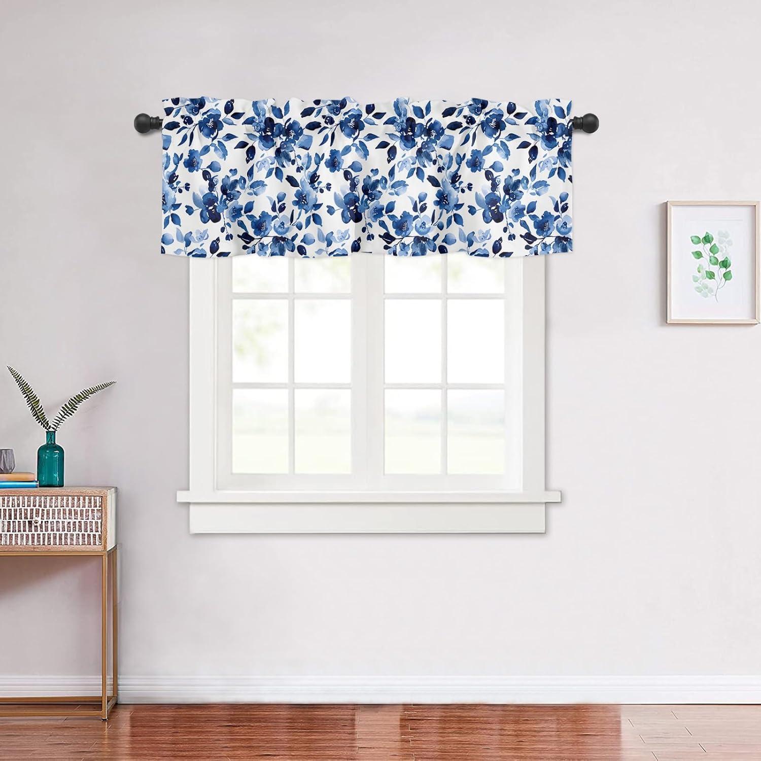 Watercolor Blue Floral Semi-Sheer Linen Rod Pocket Valance