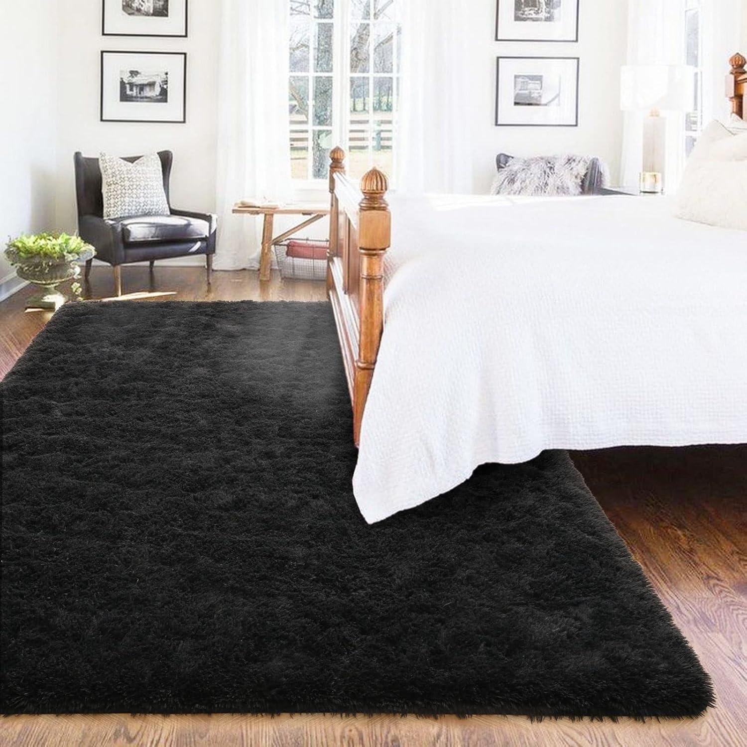 Black 4' x 6' Shaggy Velvet Non-Slip Area Rug