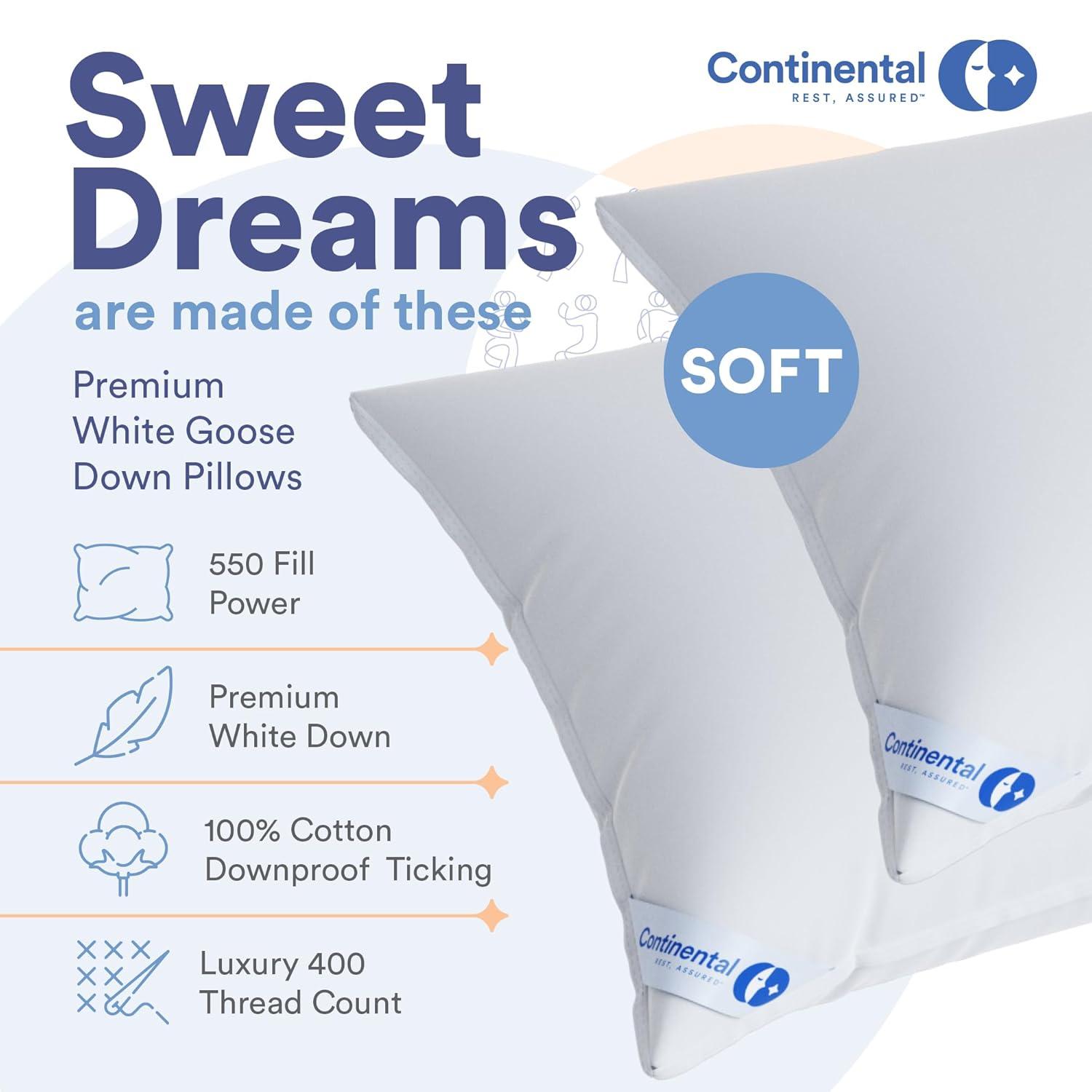 ContinentalBedding Continental Bedding Soft Luxury Down Pillows, Breathable Bed Pillows (Pack of 1)