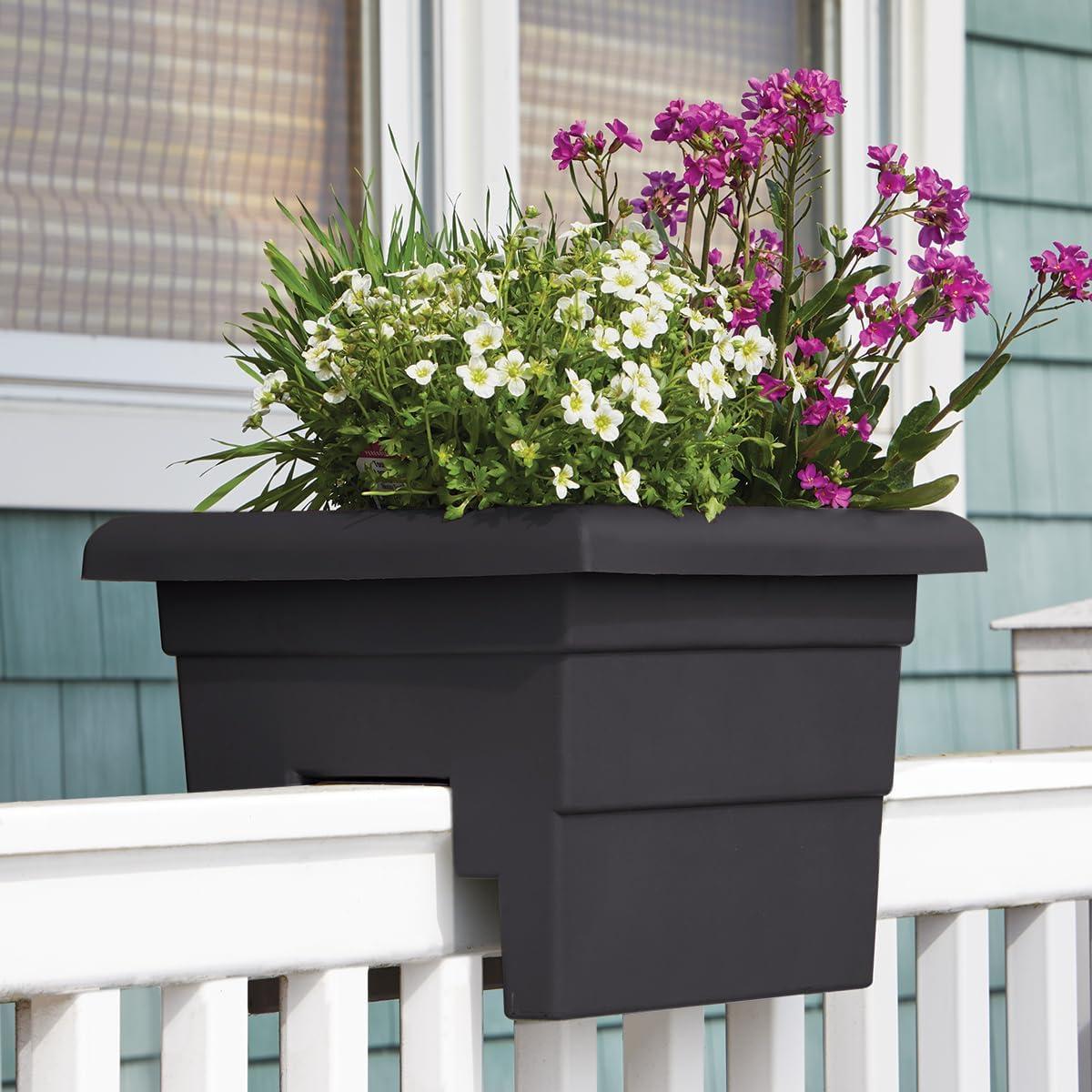 Black Matte Plastic Outdoor Rail Planter, 16-inch