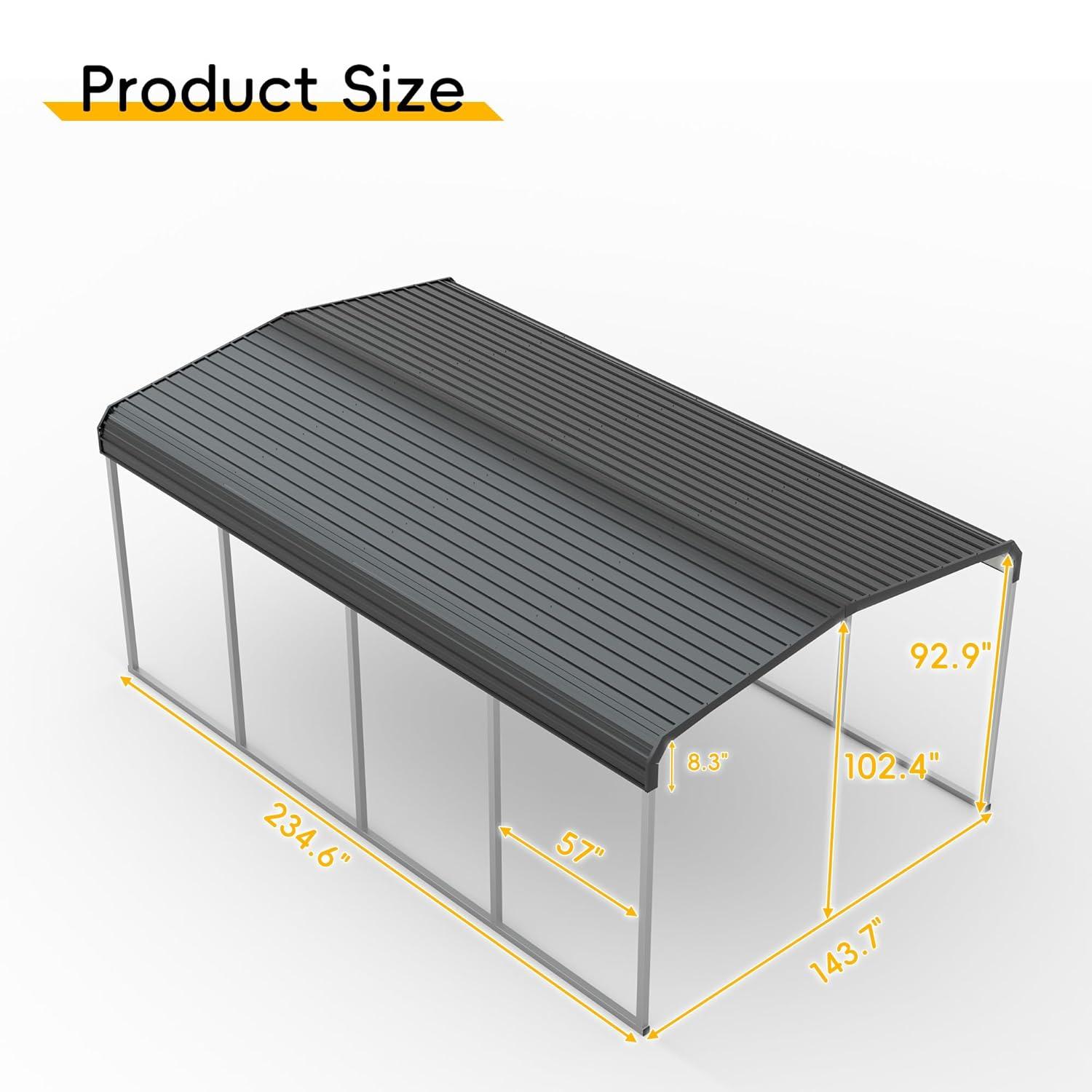 Tolead 12' x 20' Outdoor Metal Carport, Heavy Duty Galvanized Steel Car Canopy for Truck, SUV, Boat, Grey