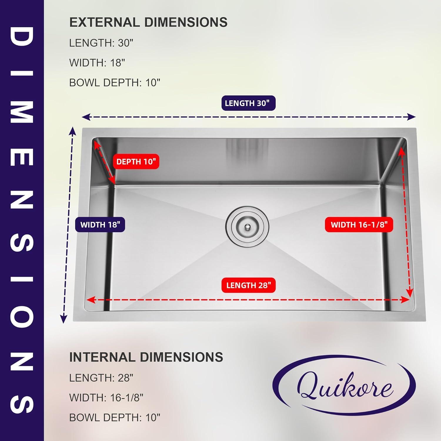 Blenzia 30 Inch Undermount Kitchen Sink 16 Gauge Stainless Steel Single Bowl Handmade Sink 30" X 18" X 10"
