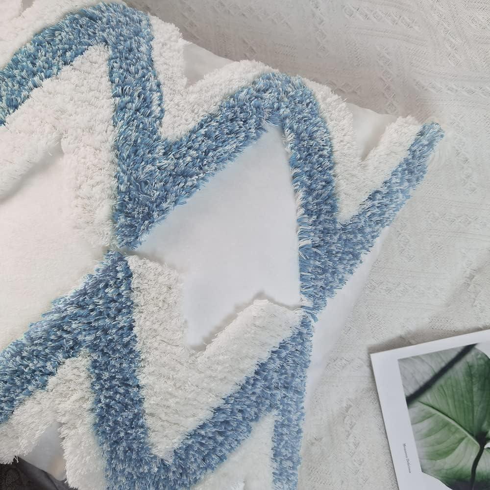 White and Blue Boho Tufted Velvet Pillow Covers with Tassels, 18"x18", Set of 2