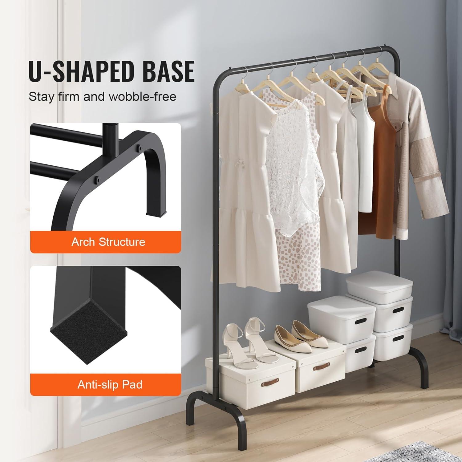 Black Heavy Duty Portable Clothes Rack with Storage Shelf