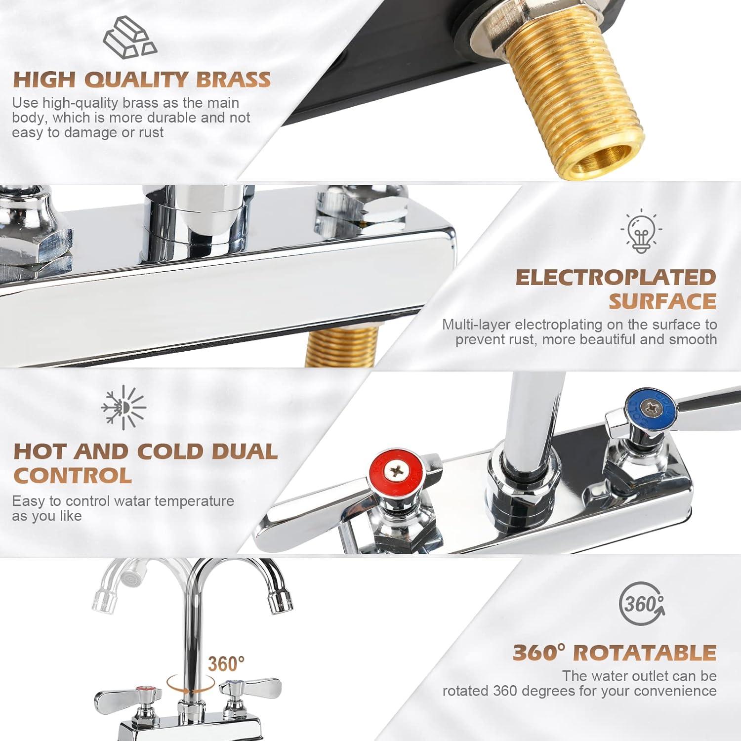 KWODE 4 Inch Center Commercial Hand Sink Faucet with 3-1/2”Gooseneck Spout, Dual Lever Handle Wall Mount Kitchen Sink Faucet, Brass Constructed, Chrome