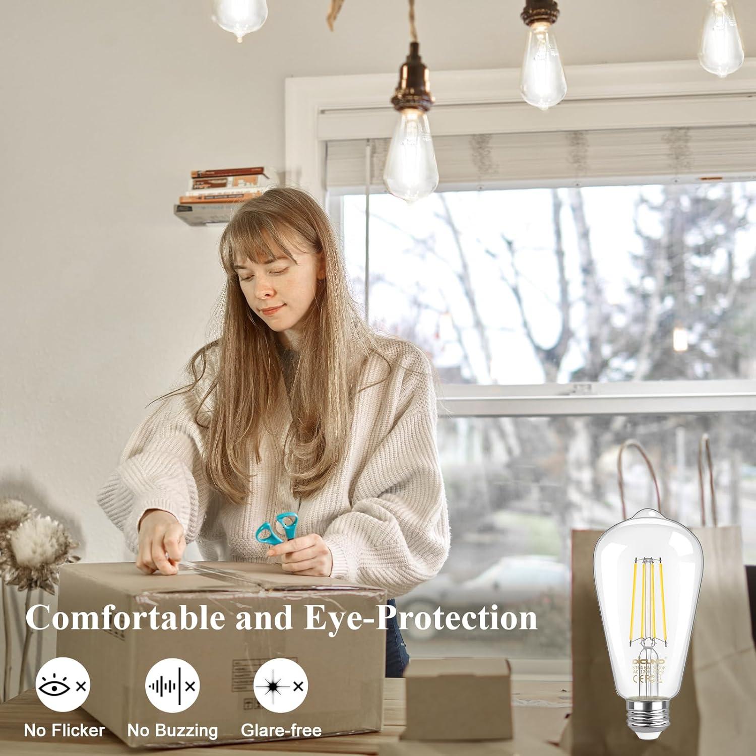 ENERGETIC Vintage LED Edison Light Bulbs, 5000K, 60 Watt Equivalent, ST64 Filament, Tear Drop Antique Decorative Bulbs, E26 Base, UL Listed, 6 Pack