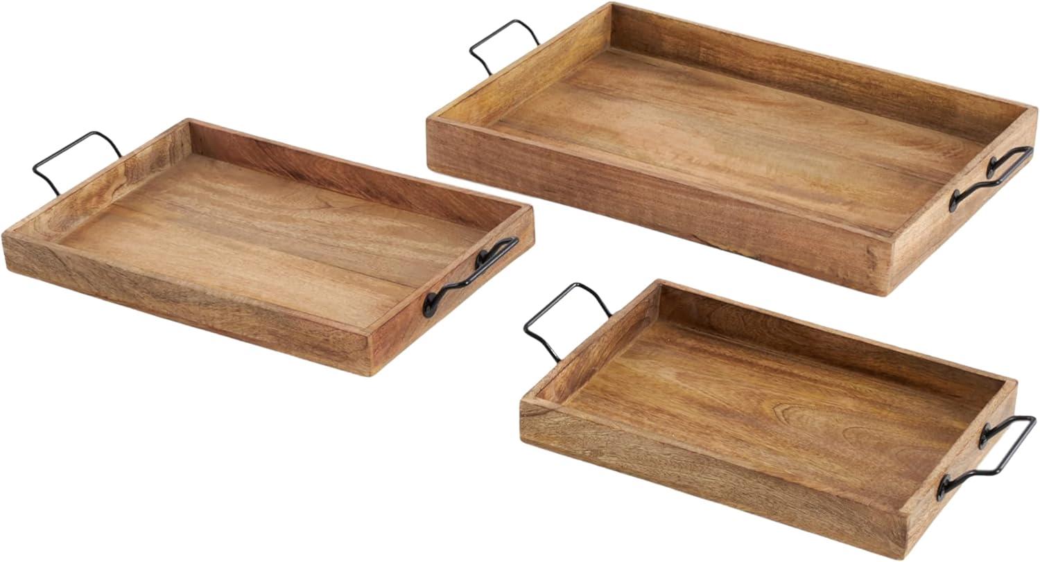 Set of 3 Farmhouse Slat Style Mango Wood and Iron Trays Brown - Olivia & May: Ottoman, Basket Design, 24-Inch