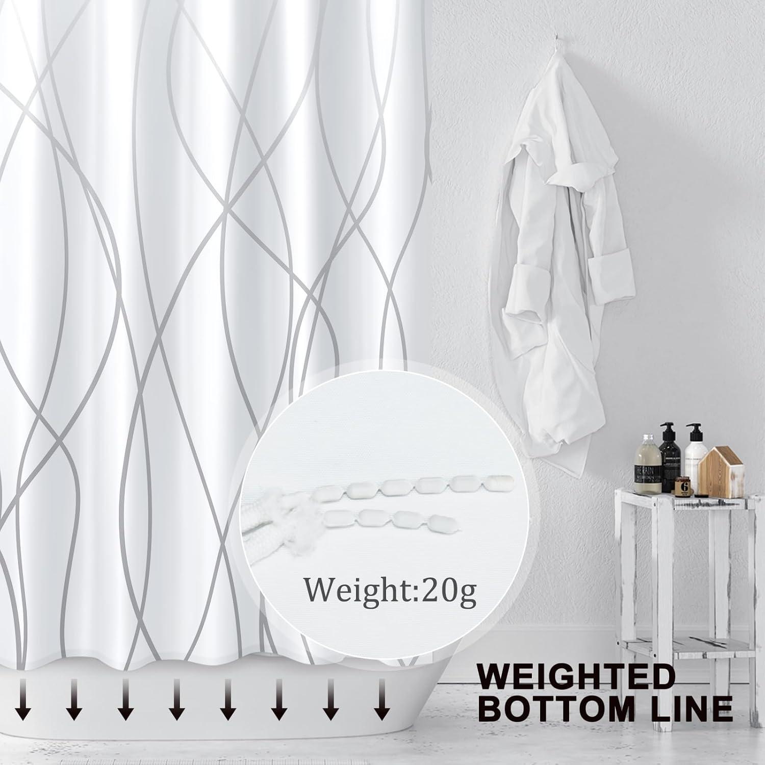 72-Inch White and Gray Striped Polyester Shower Curtain with Hooks