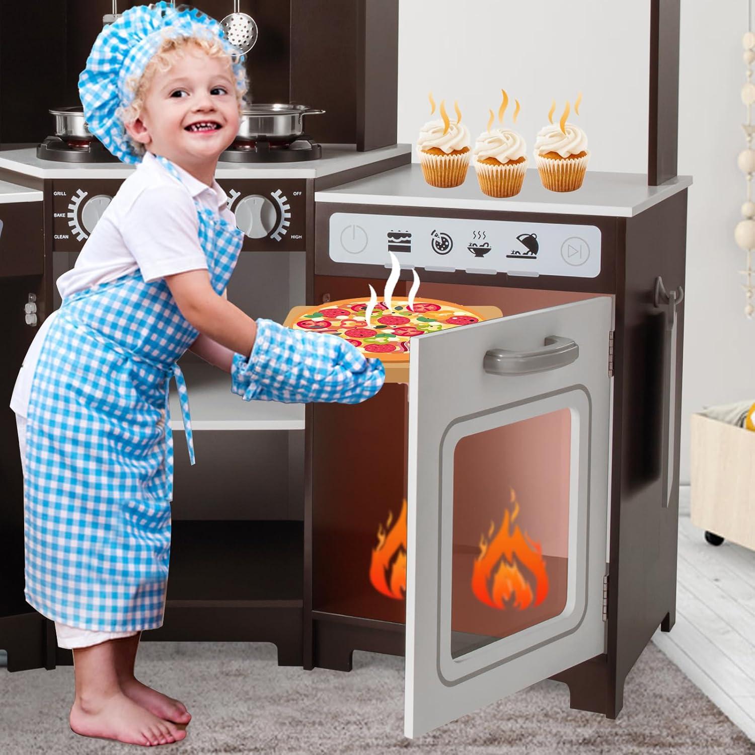 Brown and White Wooden Kids Play Kitchen Set with Accessories