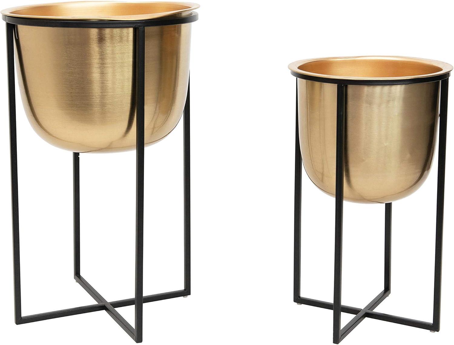 Modern Brushed Gold Metal Planters with Black Stands, Set of 2