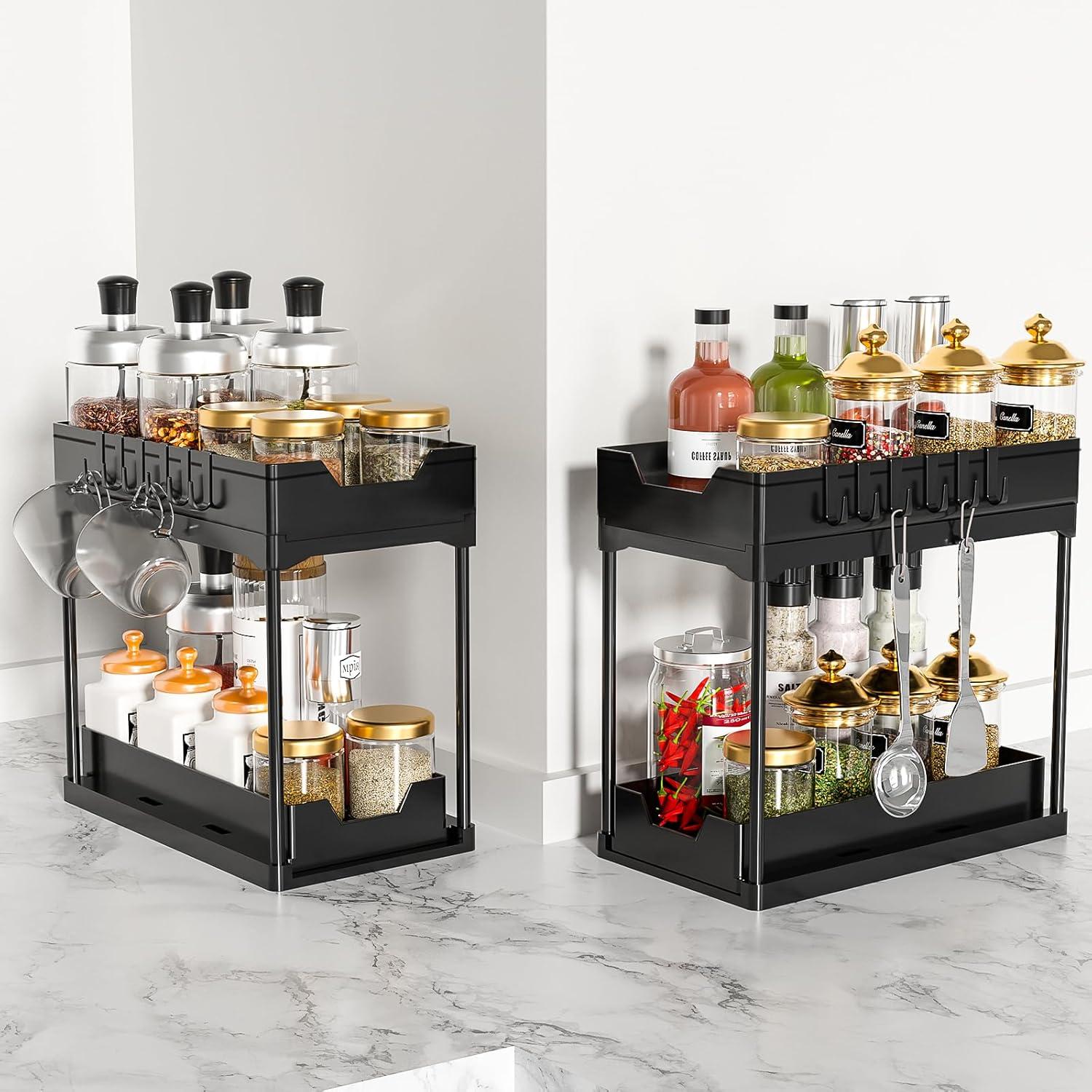 2 Pack Under Sink Organizers and Storage, 2-Tier Sliding Cabinet Basket Organizer with Hooks, Multi-Purpose Under Sink Organizers and Storage for Bathroom Kitchen
