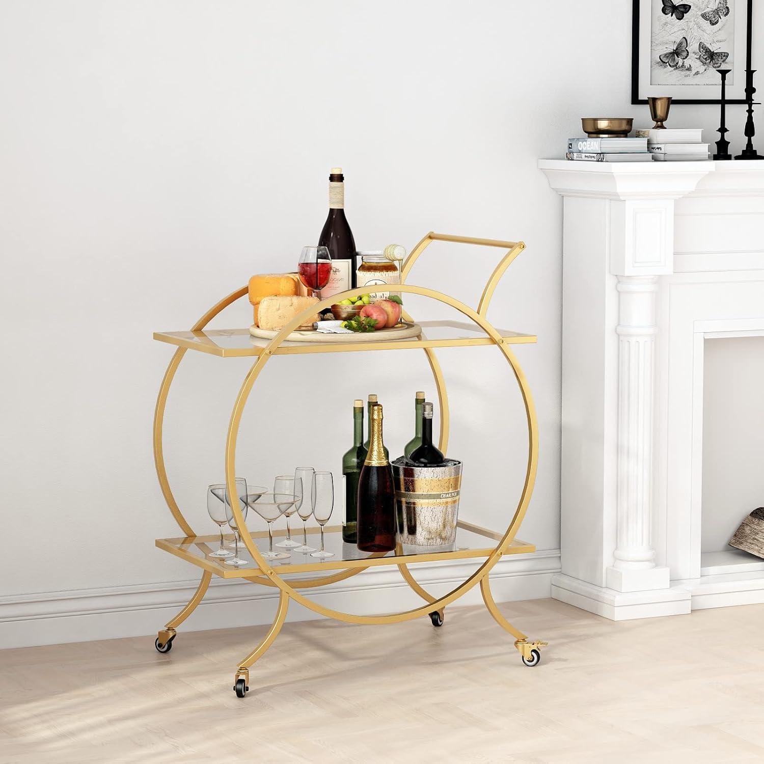 Gold Round Metal and Glass 2-Tier Bar Cart