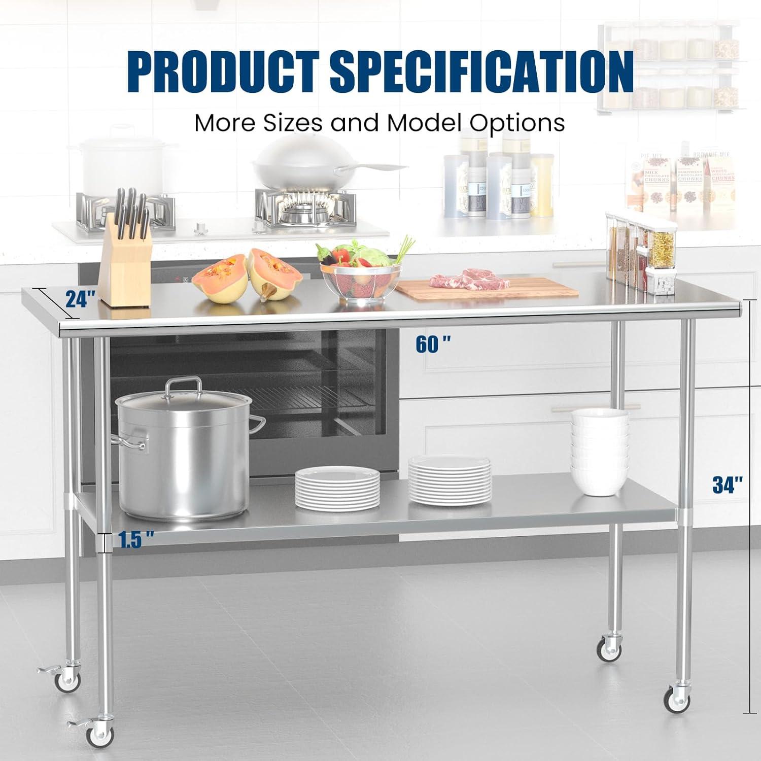 60-Inch Stainless Steel Work Table with Wheels and Undershelf