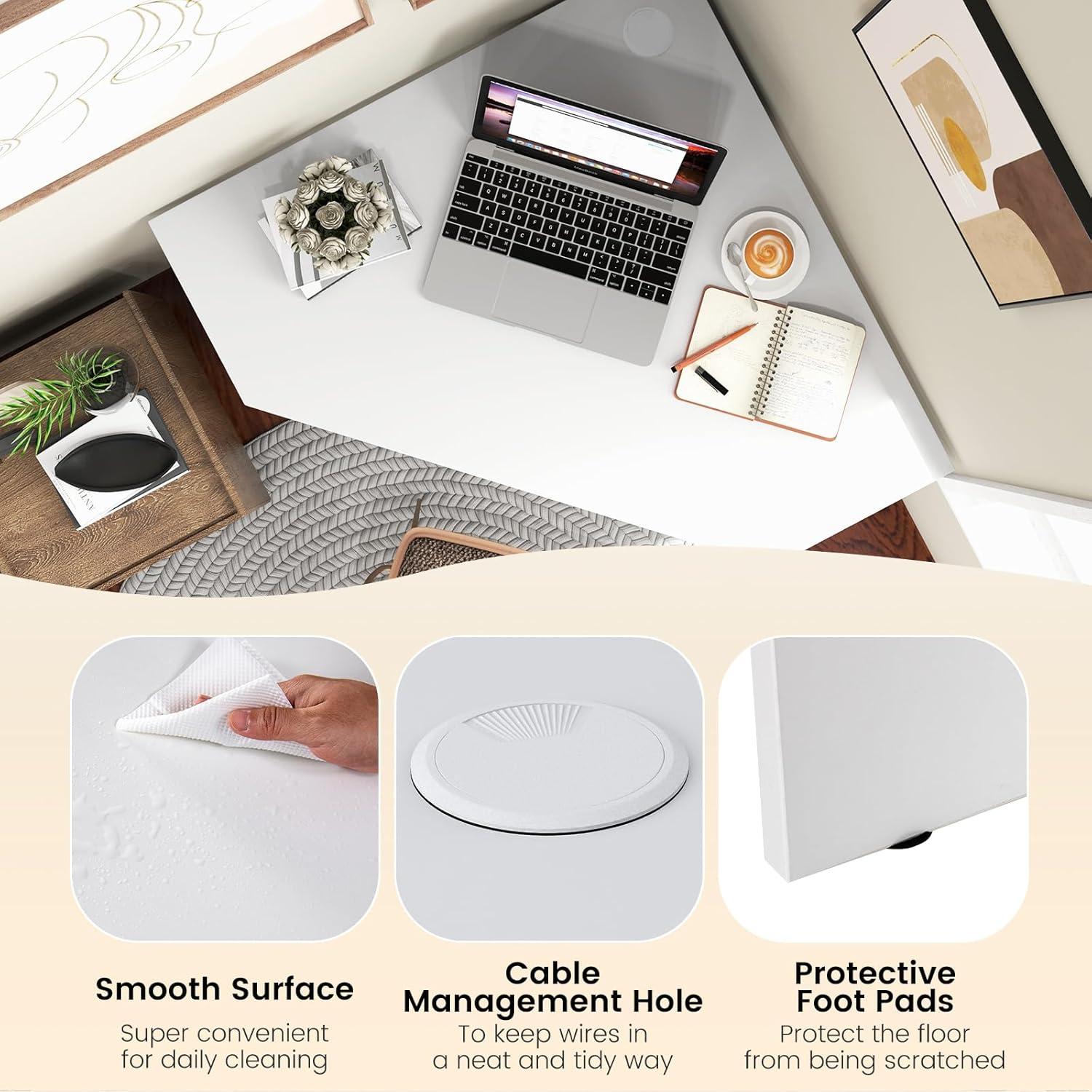 Costway Corner Computer Desk Triangle Writing Workstation w/ Storage Shelf White