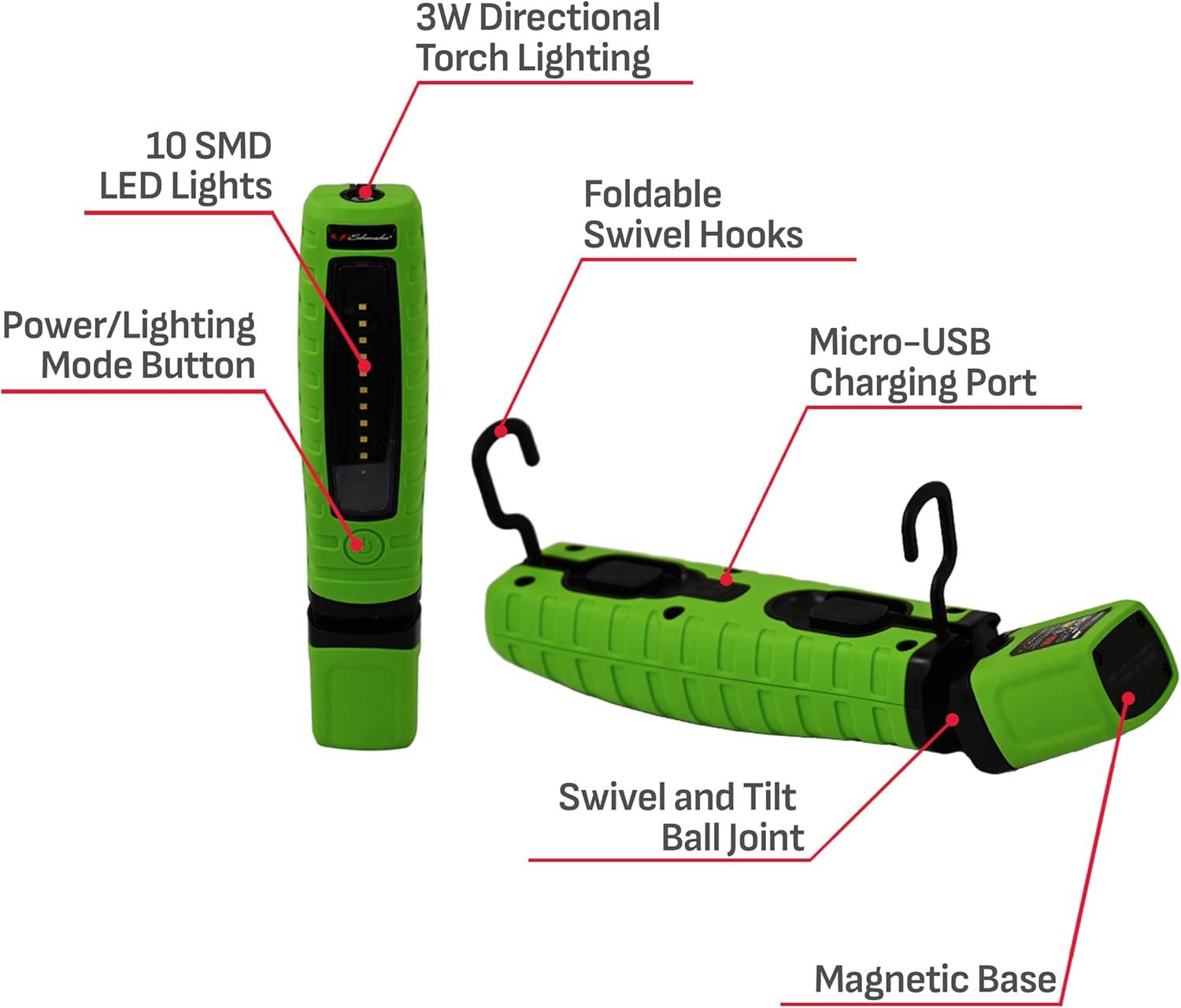 Schumacher Electric Rechargeable Lithium LED Magnetic Work Light and Torch, 360 Degree Swivel and Tilt, Three Lighting Modes, Hands-Free with Magnets and Swivel Hooks, SL360GU