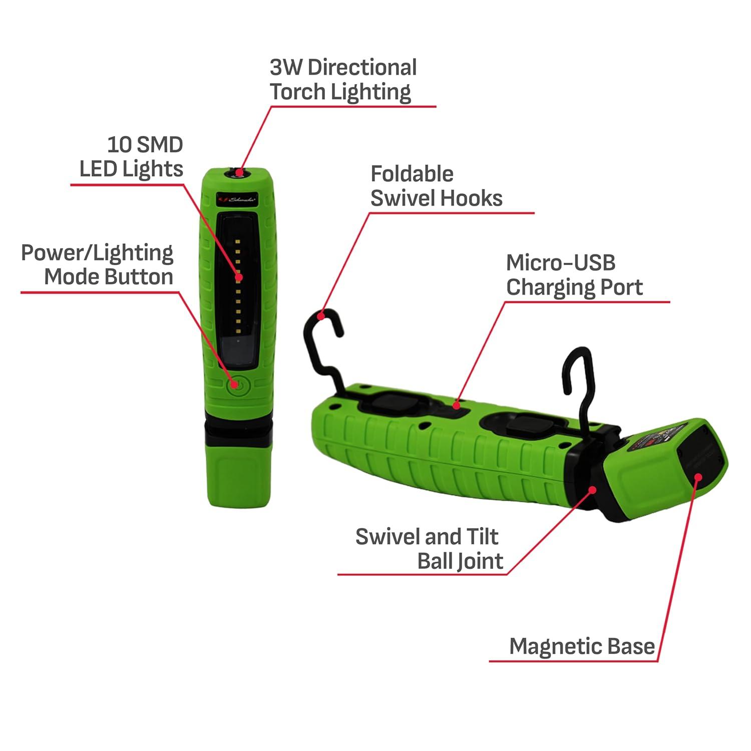 Schumacher Electric Rechargeable Lithium LED Magnetic Work Light and Torch, 360 Degree Swivel and Tilt, Three Lighting Modes, Hands-Free with Magnets and Swivel Hooks, SL360GU