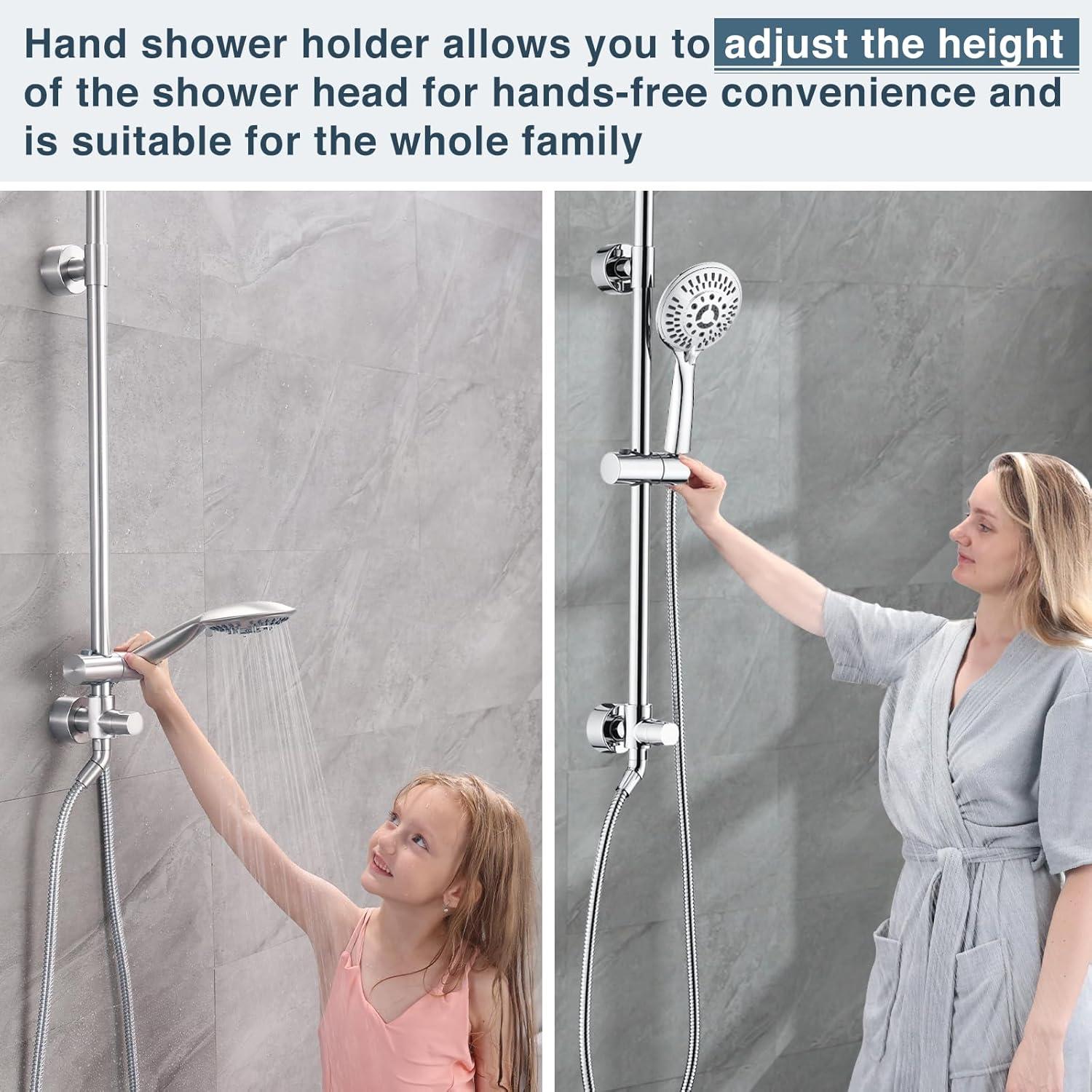 BRIGHT SHOWERS Rain Shower heads system including rain fall shower head and handheld shower head with height adjustable holder , solid brass rail 60 inch long stainless steel shower hose, Chrome