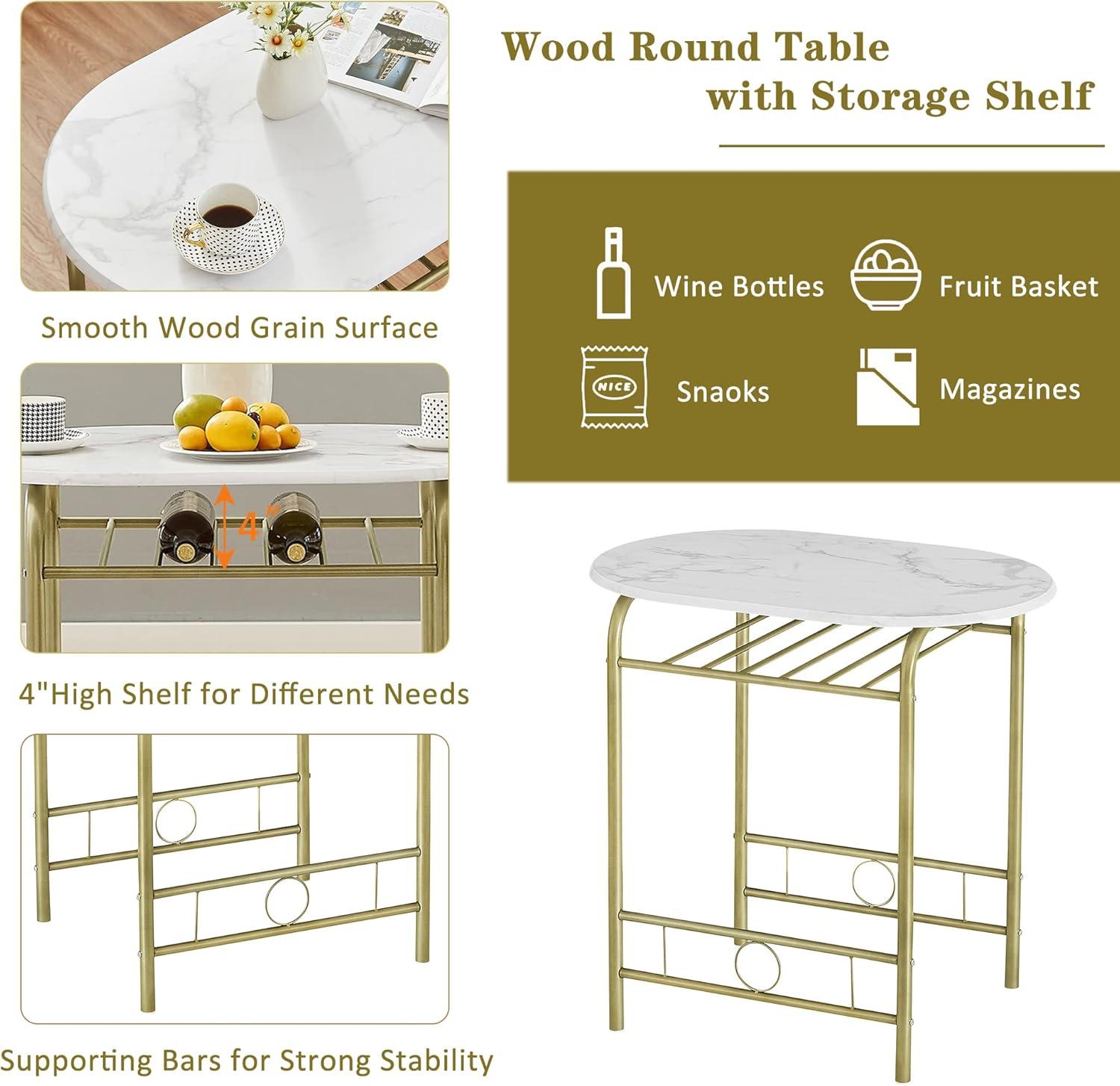 VECELO 3-Piece Dining Table Set for Kitchen Breakfast Nook, Wood Grain Oval Tabletop and Metal Frame with Built-in Wine Rack, for Small Spaces, 31.5", White & Gold