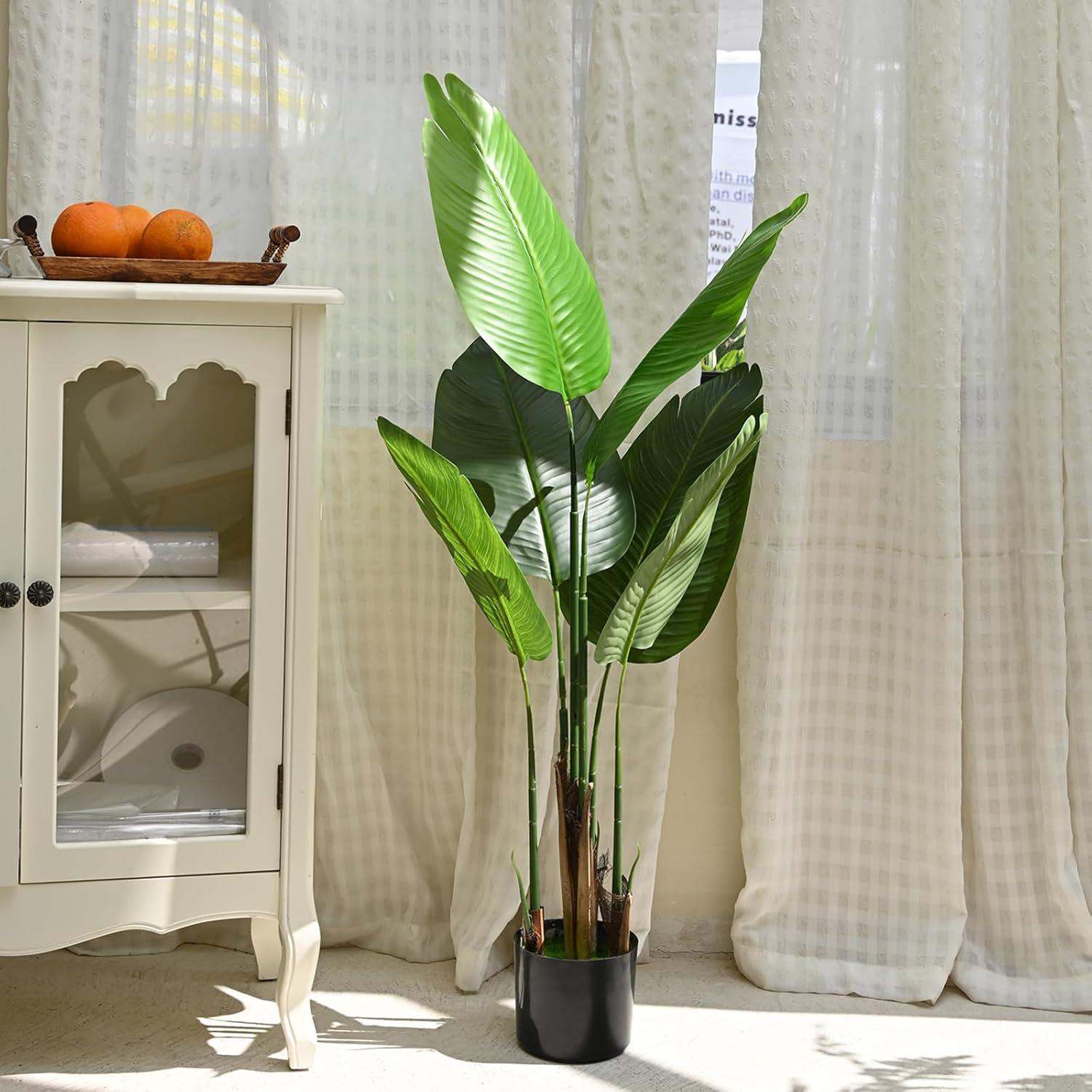Artificial Bird of Paradise Plant,4 FT Fake Banana Leaves Plants Faux Tropical Palm Tree Floor Plant Potted, Artificial Tree for Home Office Living Room Decor Indoor Perfect Housewarming Gift.