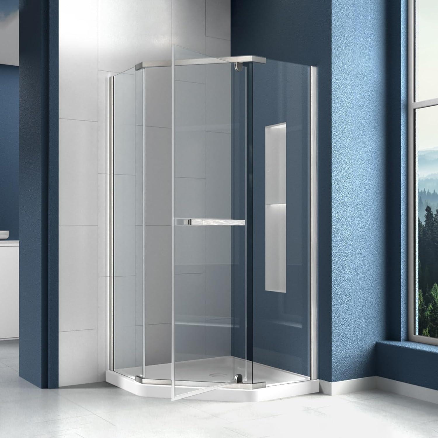 38" W x 38" D x 72" H Semi-Frameless Neo-angle Shower Door with Towel Bar and Fixed Panel