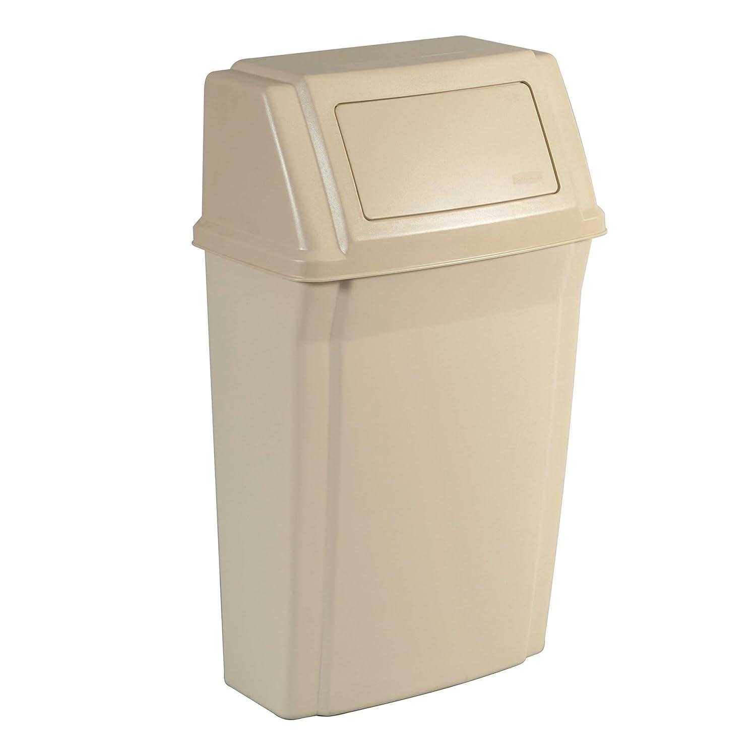 Beige 15-Gallon Wall-Mounted Plastic Trash Bin