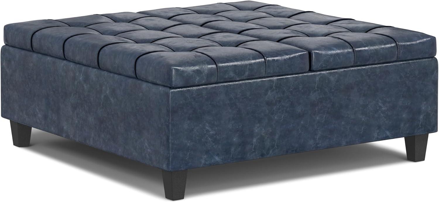 Harrison 40 inch Wide Coffee Table Storage Ottoman in Blue Vegan Faux Leather