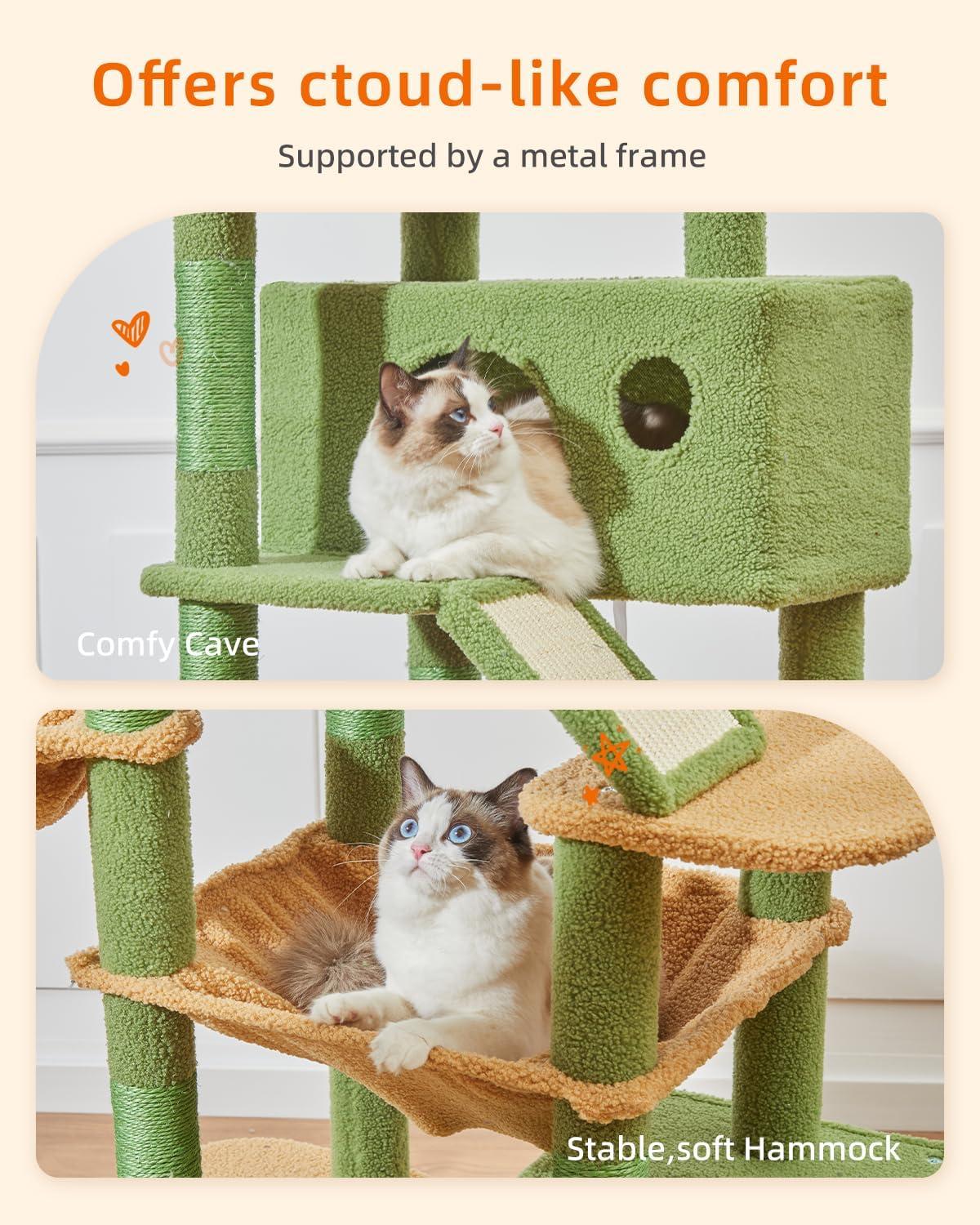 71-Inch Large Cat Tree For Large Cats Plush Multi-Level Cat Condo With 8 Scratching Posts 2 Perches Cave Hammock 2 Pompoms Scratch Board
