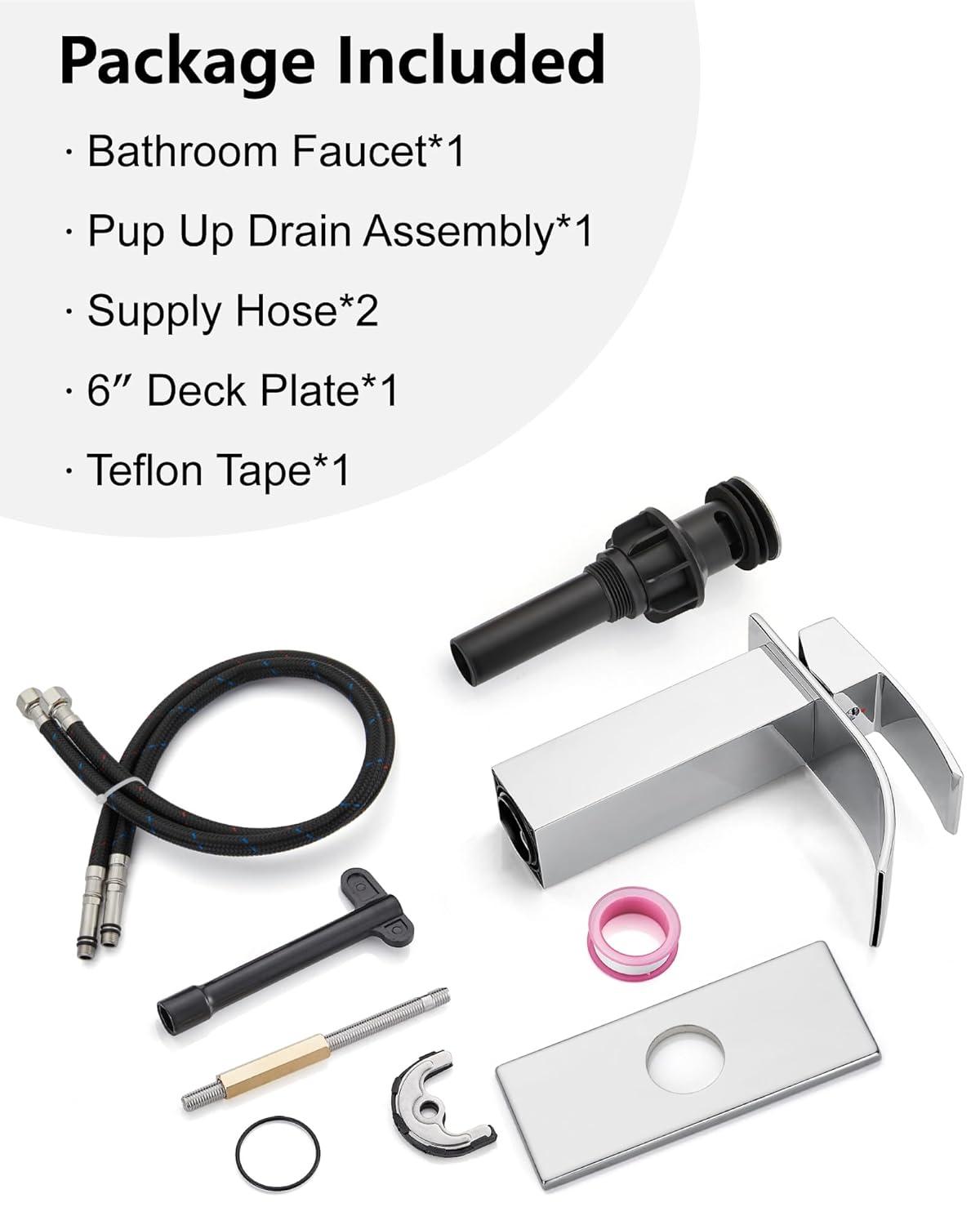 Midanya Waterfall Spout Bathroom Faucet Single Handle 1 Hole Bathroom Sink Faucet,Modern RV Lavatory Vanity Basin Tap with Water Hose,Short Body,Polish Chrome