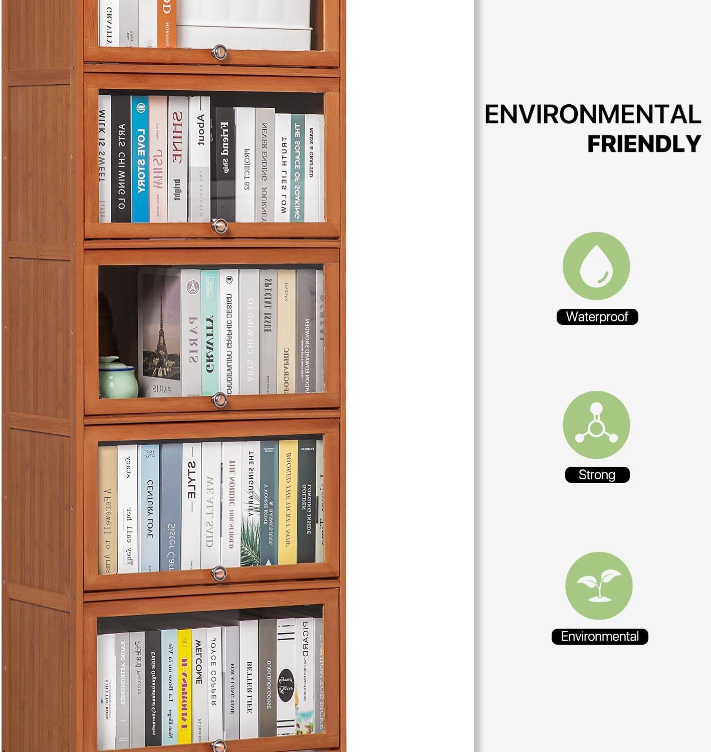Magshion Bamboo/Acrylic 3 Shelves Bookshelf, with Transparent Door Bookcase, Brown, for Home