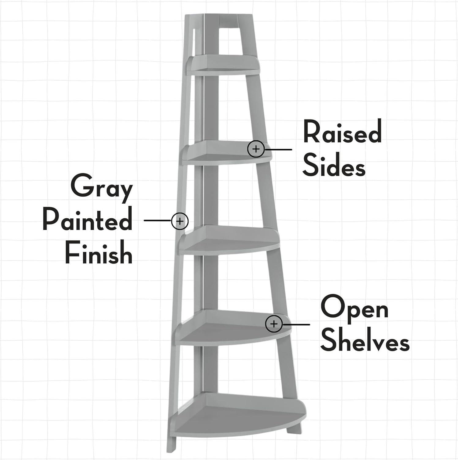 Gray 5-Tier MDF Corner Ladder Bookshelf