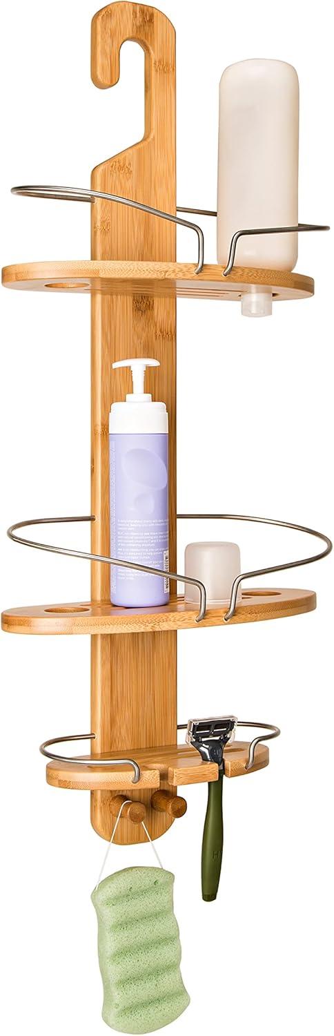 Natural Bamboo Hanging Shower Caddy with Suction Mount