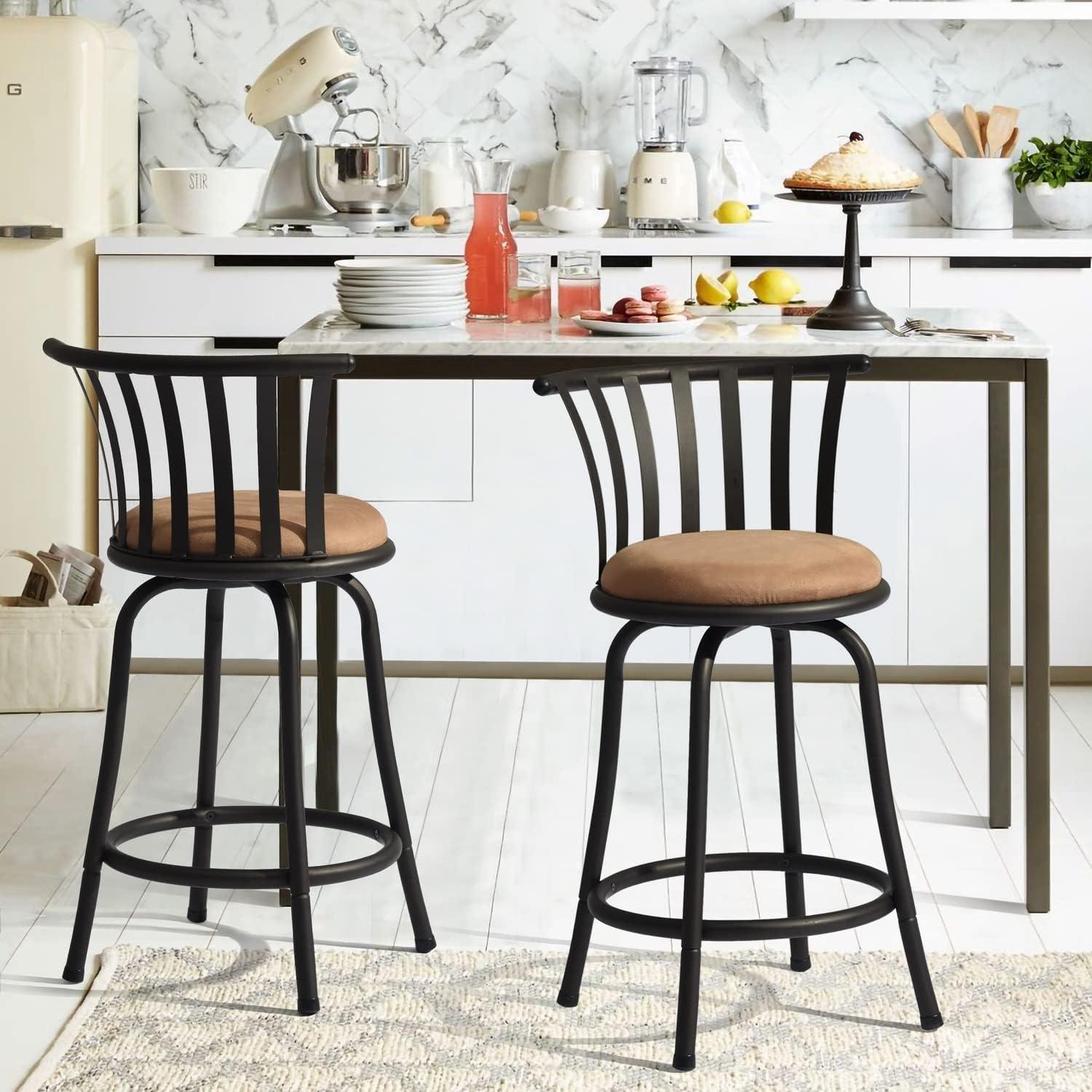 FurnitureR Brown Velvet 24'' Counter Stool Swivel High Back Barstools(Set of 2)