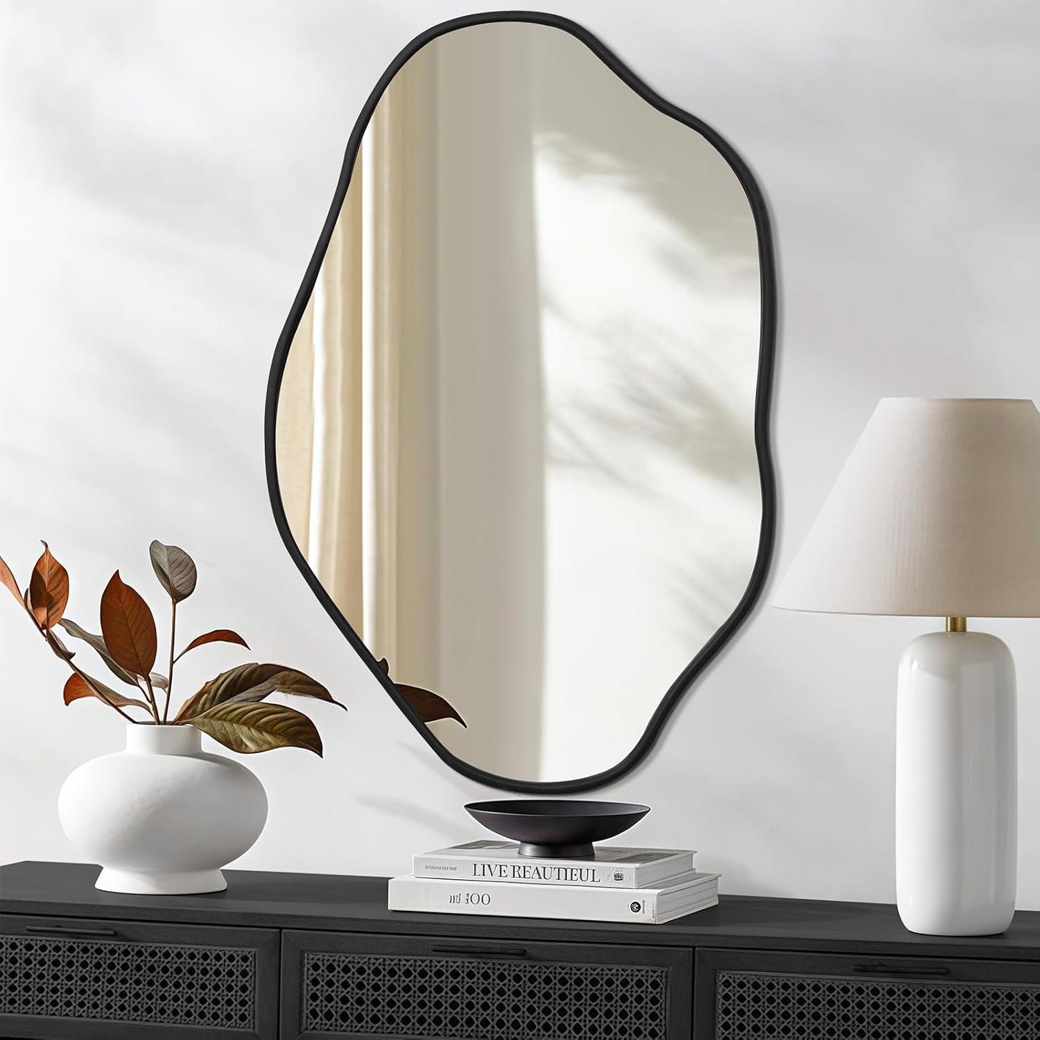 Funtouch Irregular Wall Mirrors 24"x 36" Cloud Shaped Mirrors for Bathroom, Aluminum Alloy Frame Black