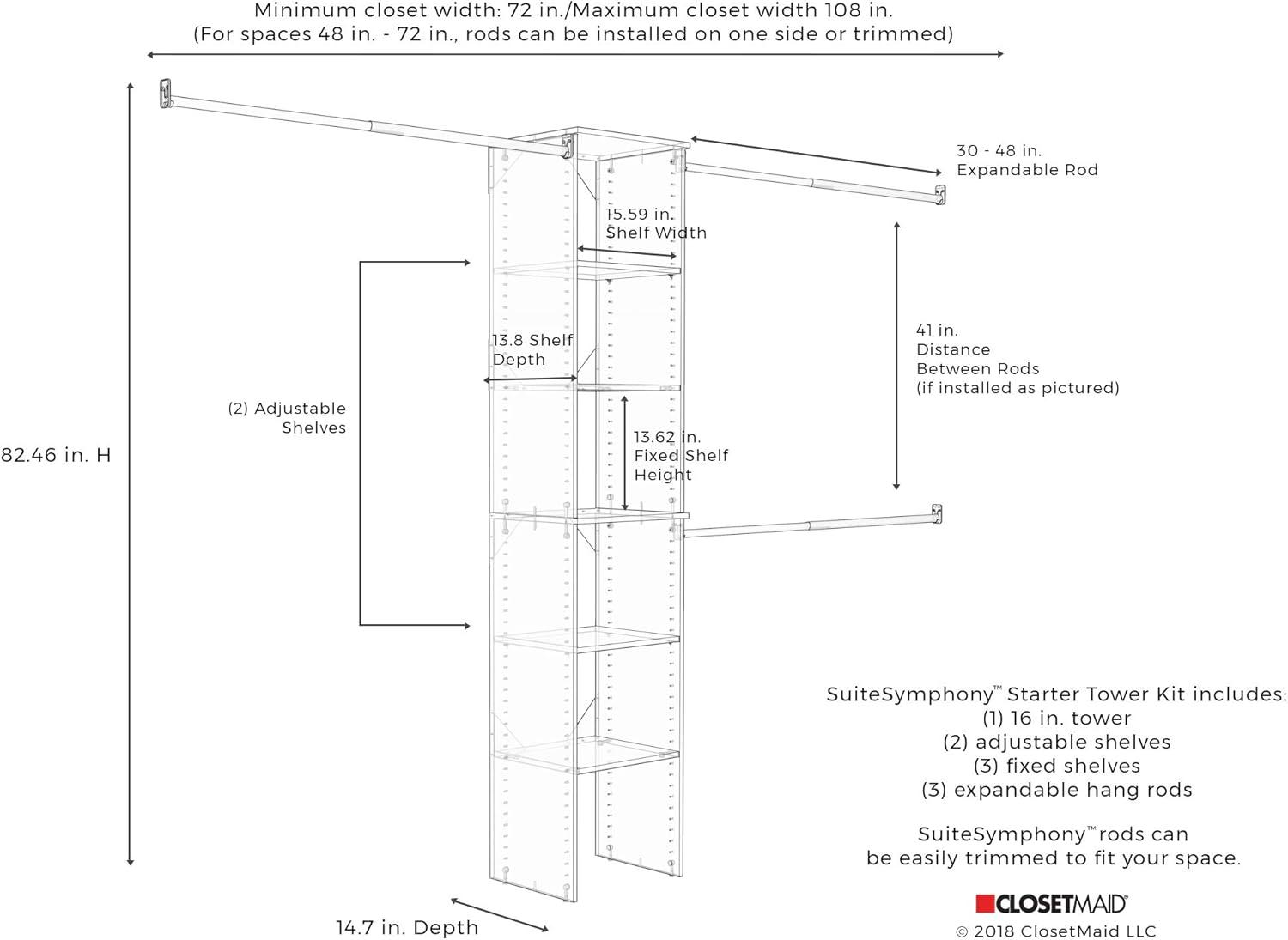 SuiteSymphony 77" to 113" Closet System Starter Kit