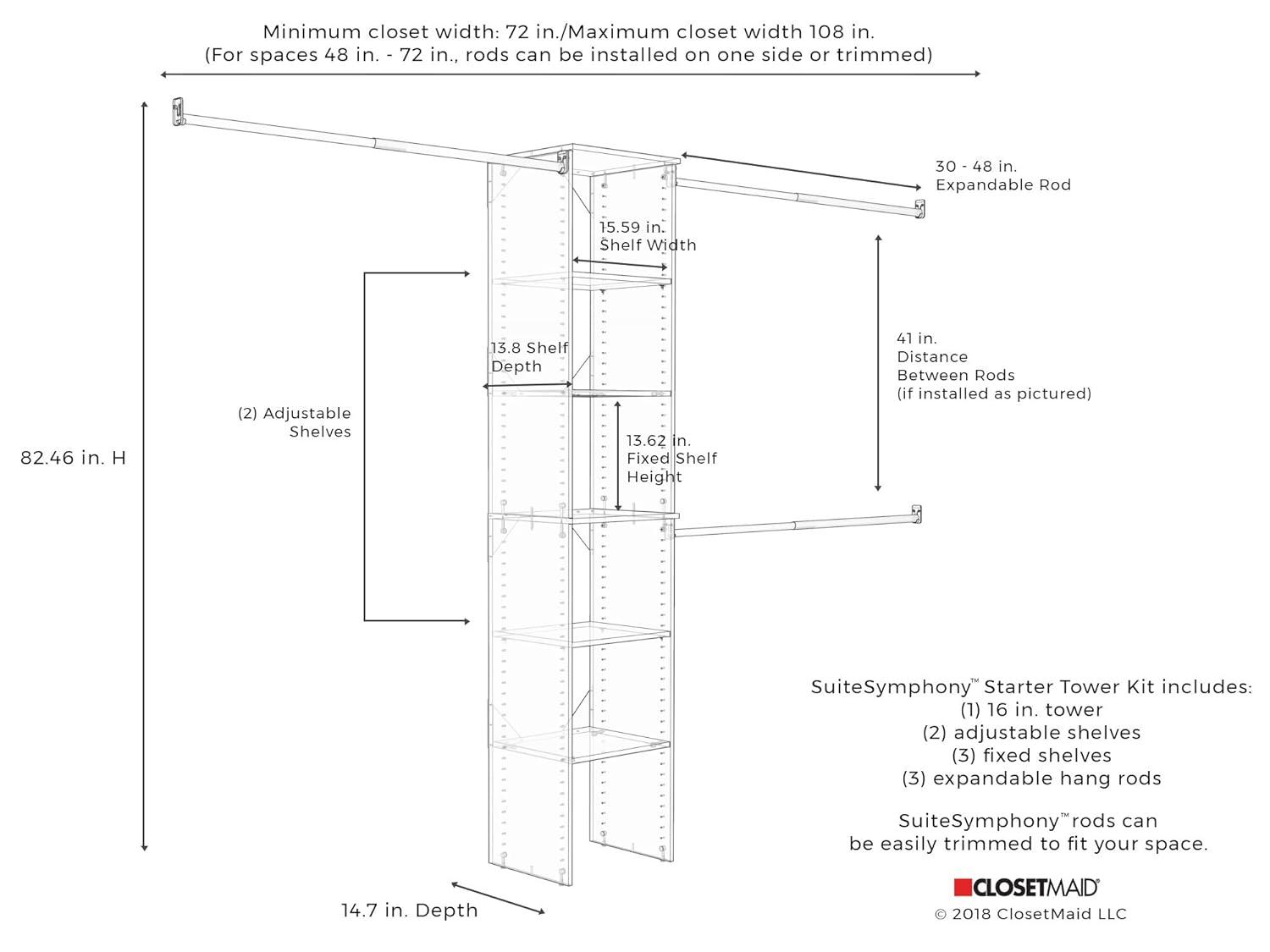 SuiteSymphony 77" to 113" Closet System Starter Kit