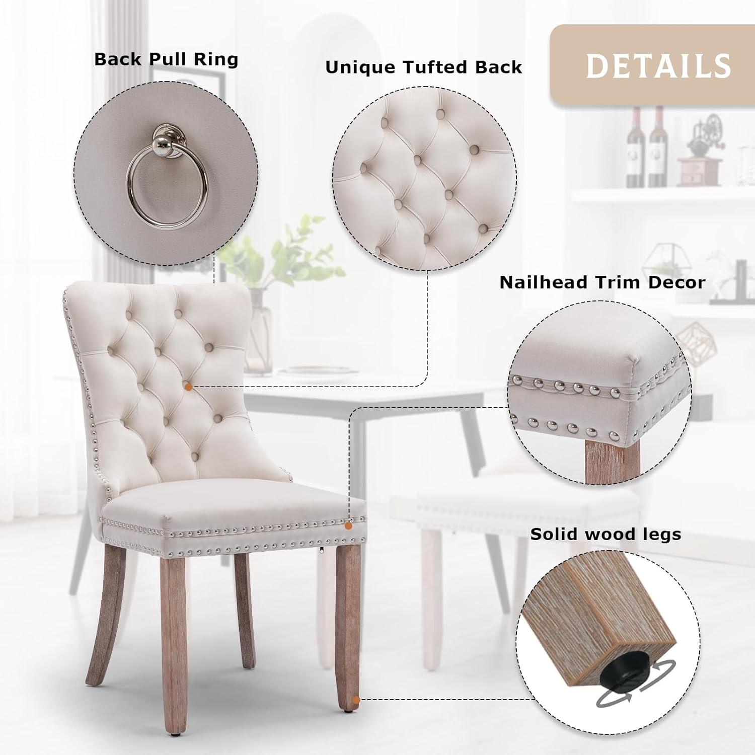 SoarFlash Velvet Dining Chairs Set of 4, Tall Back Side Chair, Modern Upholstered High-end Tufted Side Chair with Button Back Ring, Solid Wood Legs (Beige)