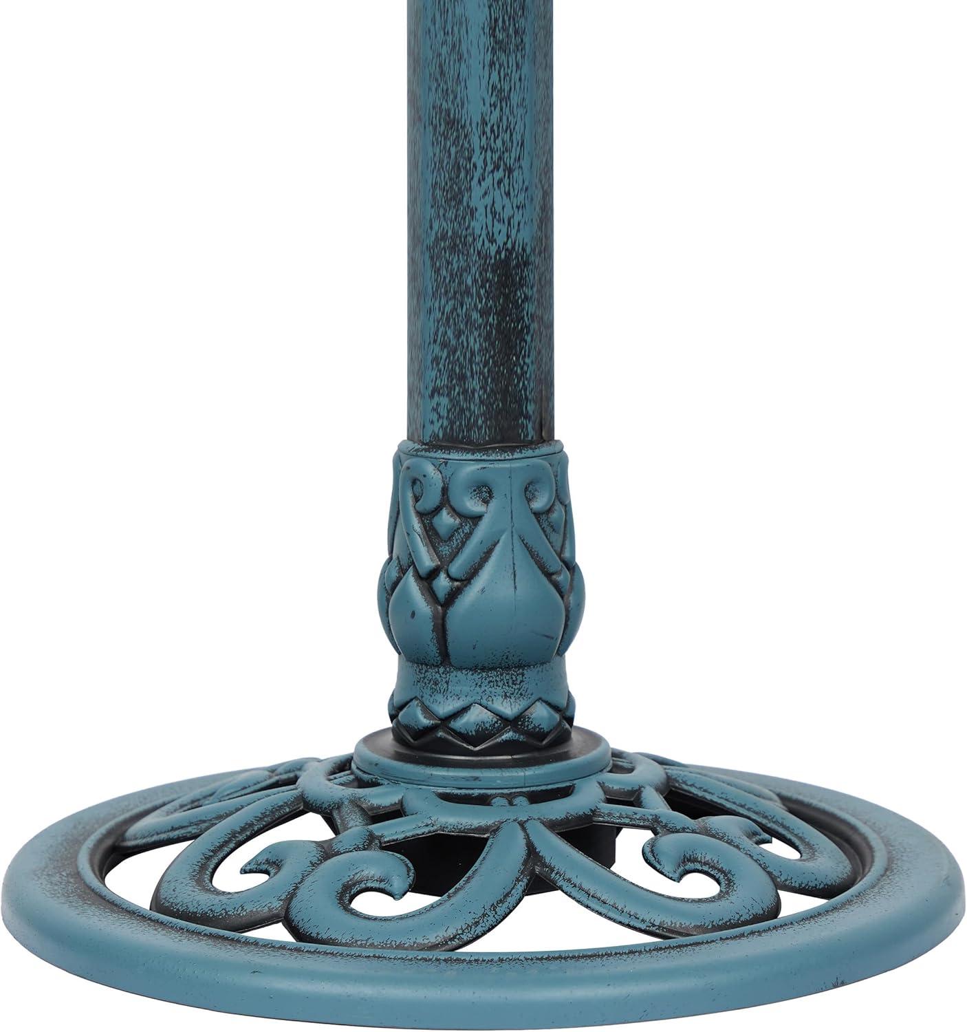 Blue Pedestal Birdbath with Scrollwork Base and Stakes