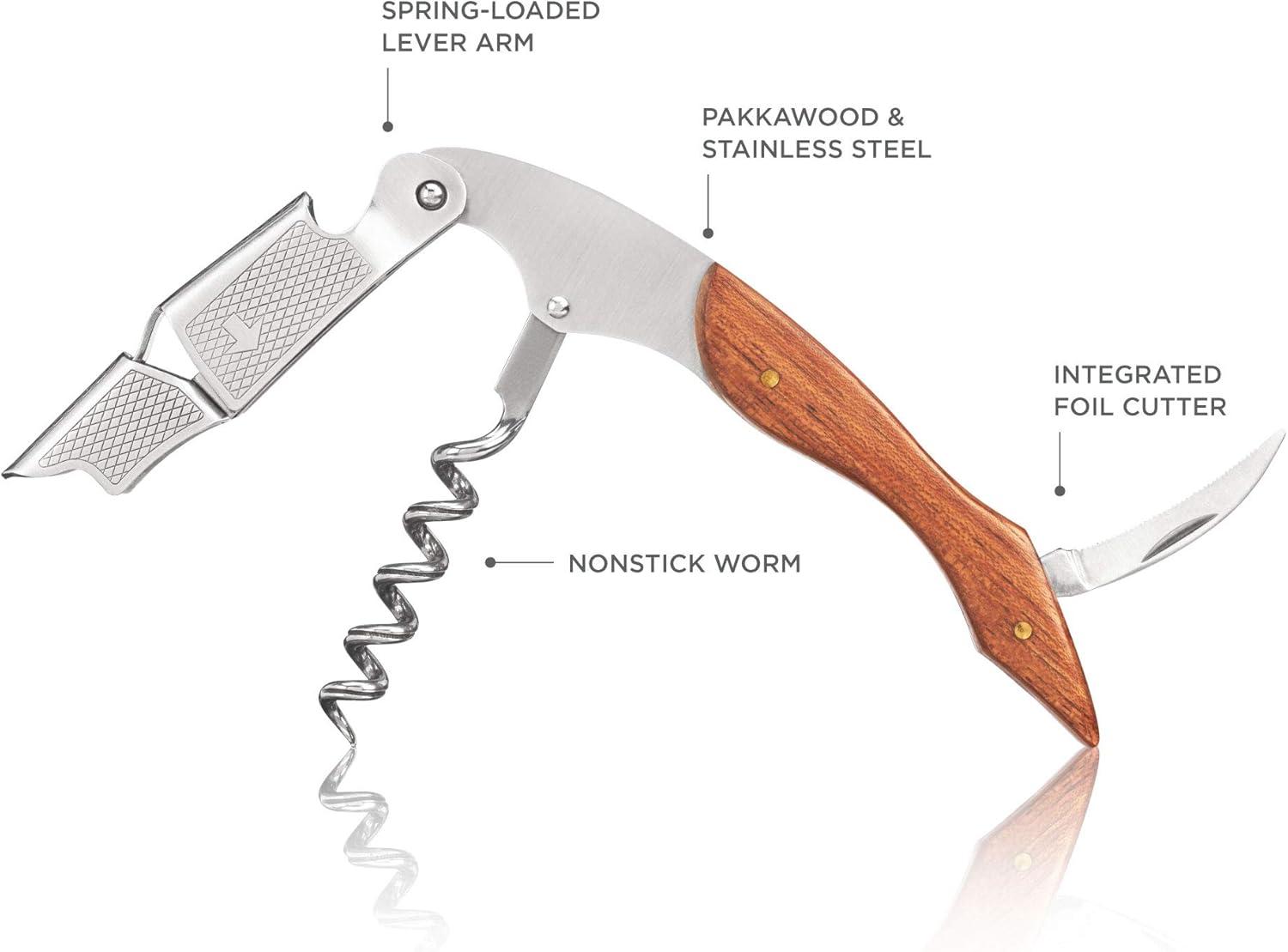 True Sommelier Waiter Corkscrew Spring Loaded Double Lever Wine Opener Waiters Bartender Accessory, Stainless Steel and Wood, Set of 1
