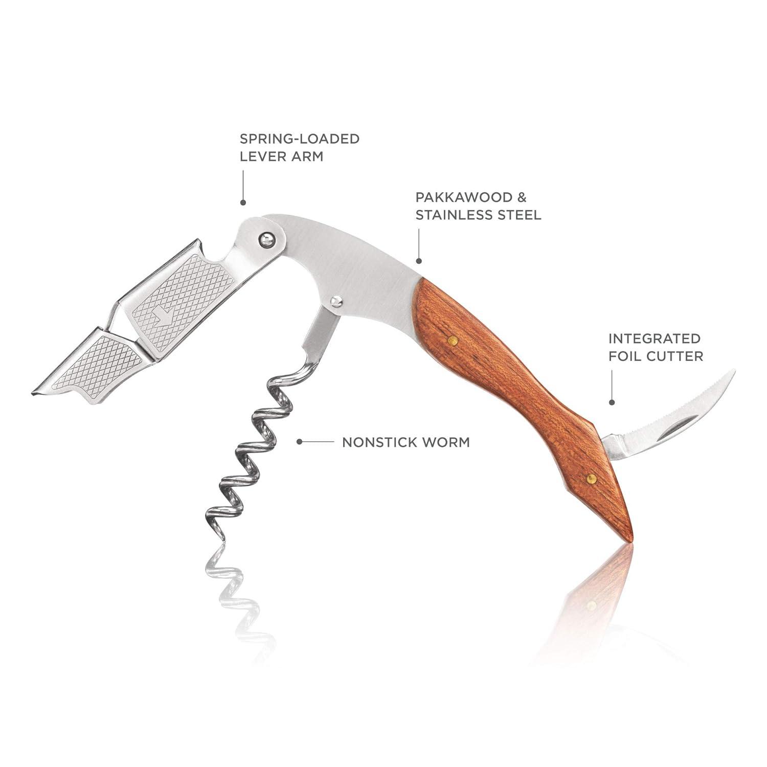 True Sommelier Waiter Corkscrew Spring Loaded Double Lever Wine Opener Waiters Bartender Accessory, Stainless Steel and Wood, Set of 1